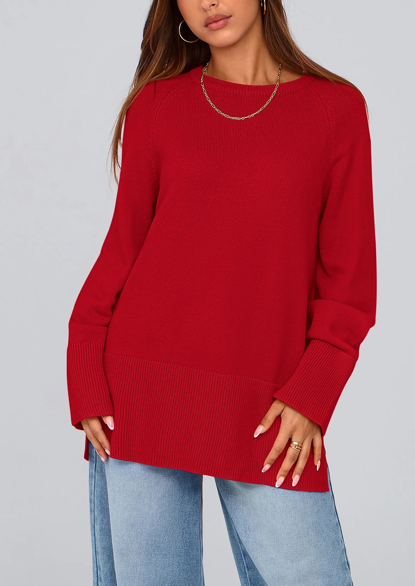 Women's Knit Fall Sweaters Long Sleeve Pullover Crewneck Split Hem Oversized Tunic Sweater Tops Winter Clothing