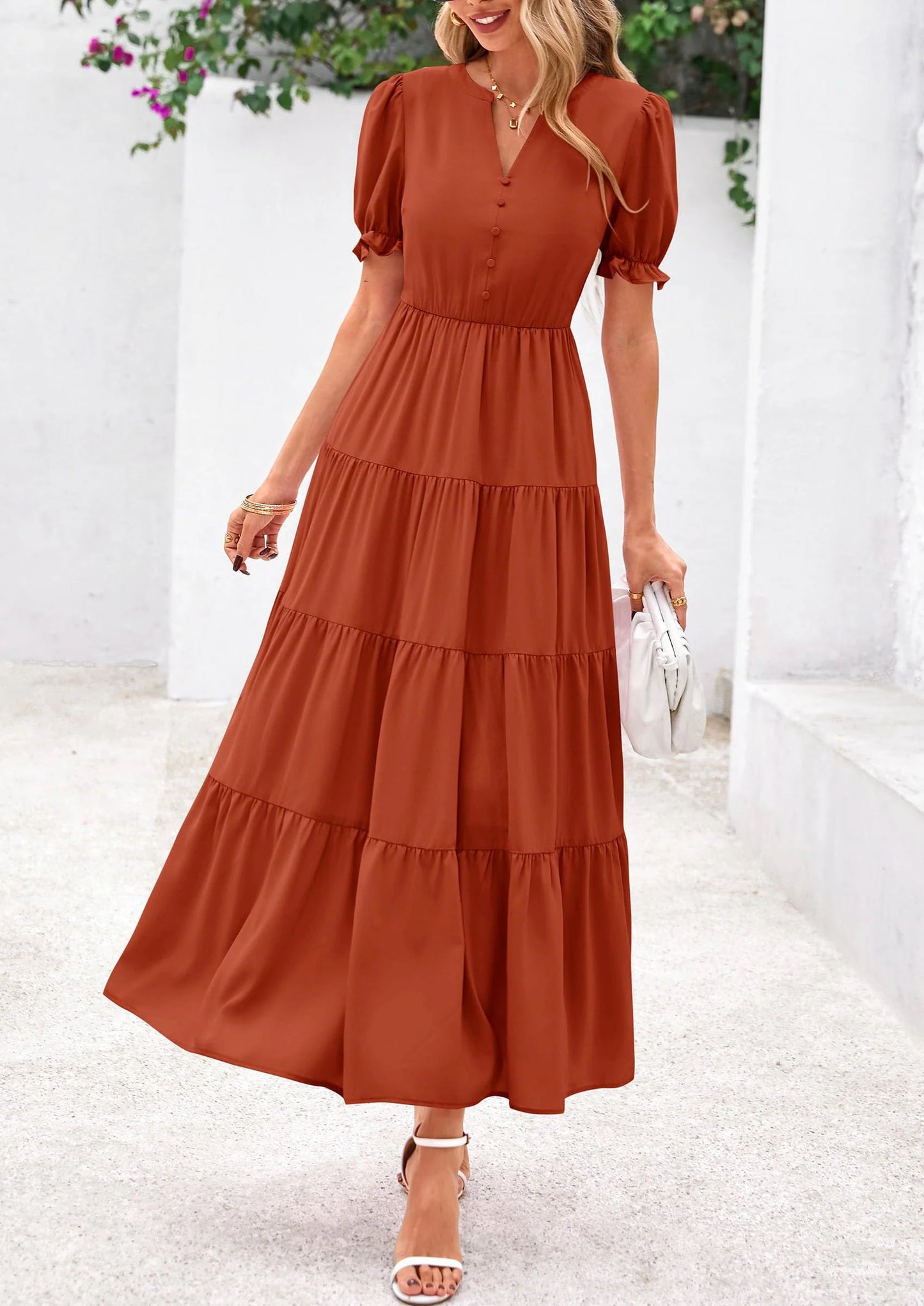 Women's Casual Short Sleeve V Neck Midi Dresses Spring A-line Tiered Wedding Guest Dress