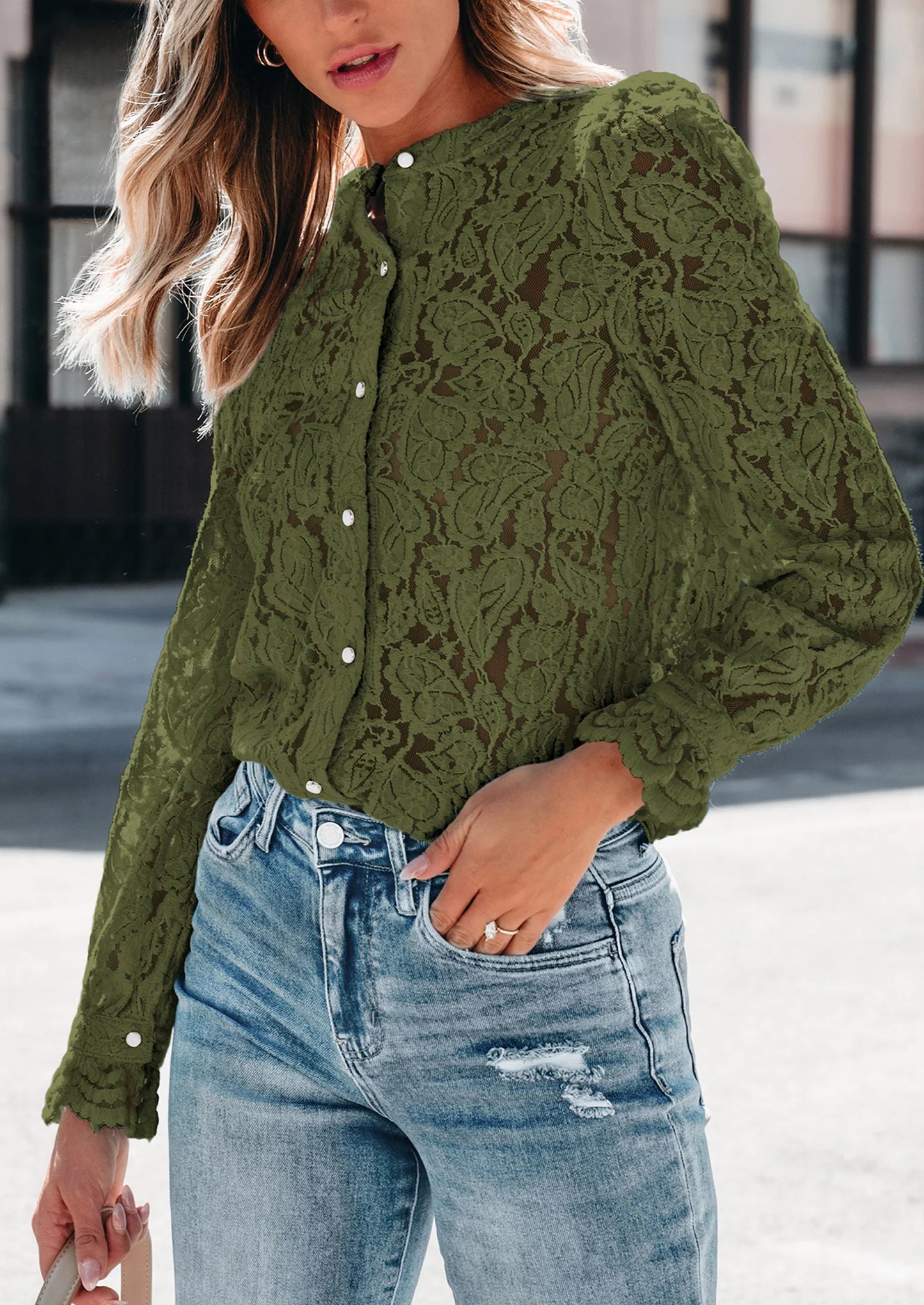 Women's Dressy Casual Lace Blouse Long Sleeve Button Up Shirts Tops Spring Fall Fashion Clothes