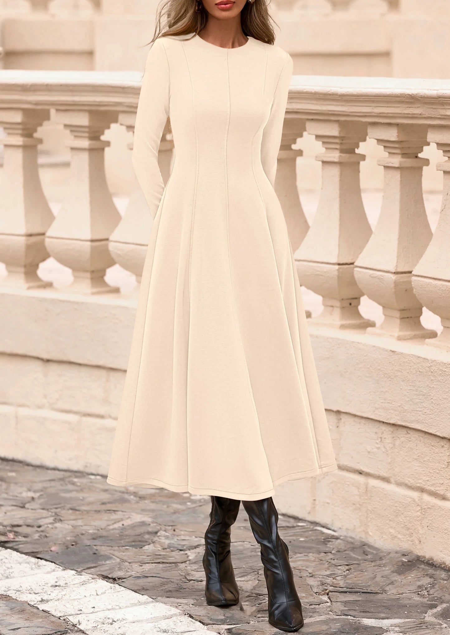 Women's Fall Long Sleeve Midi Dress Casual Elegant Ruffle Flowy A Line Swing Cocktail Party Dresses