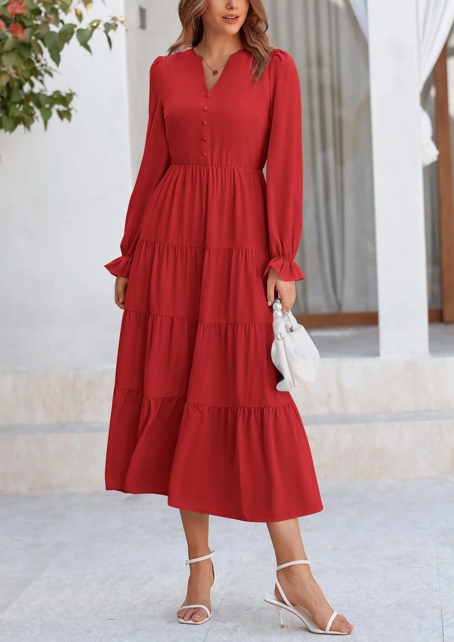 Women Fall Long Sleeve Smocked Maxi Dress Casual Square Neck Swiss Dot Tiered Ruffle Flowy Spring Pocket Dresses