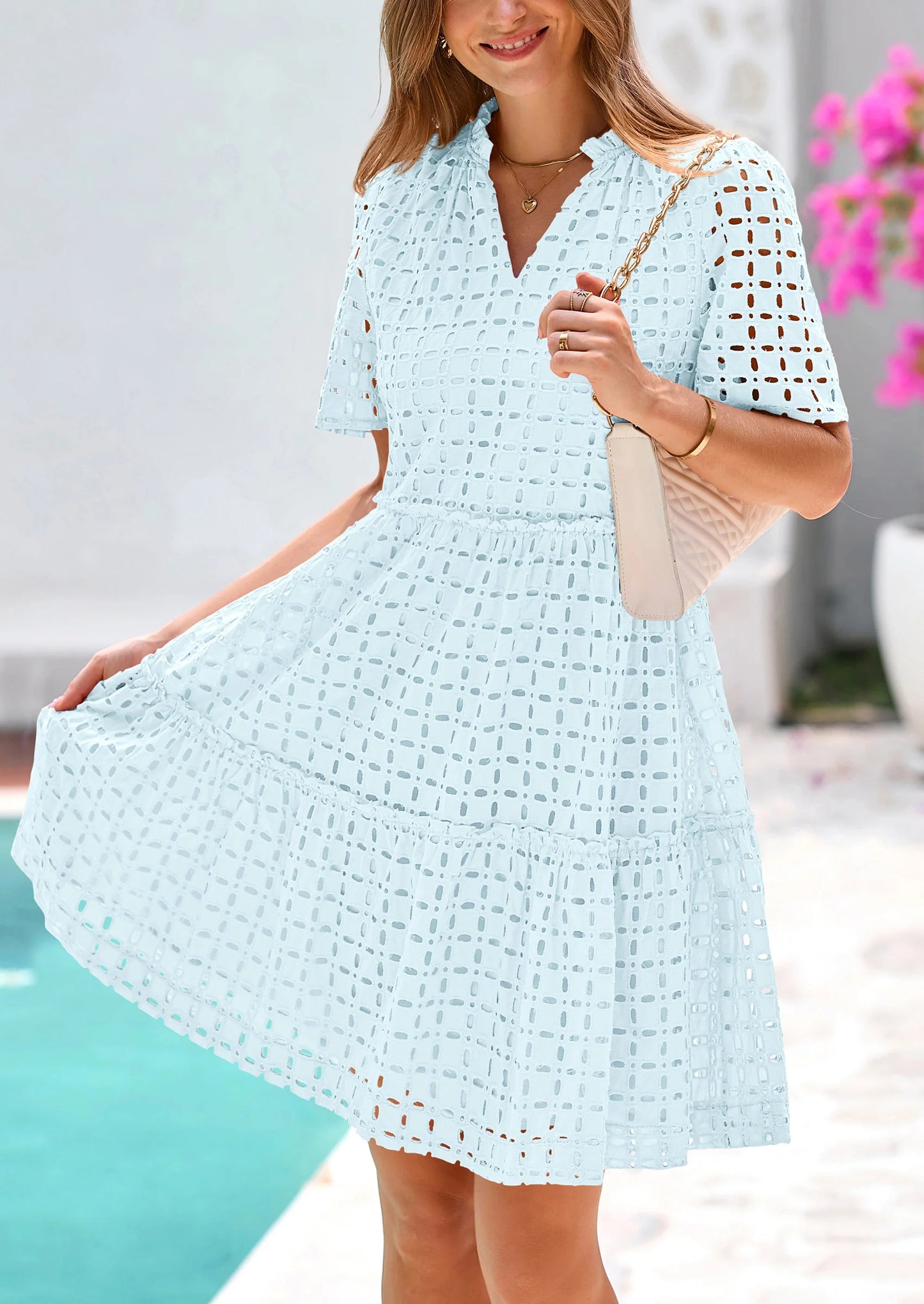 Women's Short Sleeve Mini Dress Summer V Neck Hollow Out Eyelet Ruffle A Line Swing Short Dresses