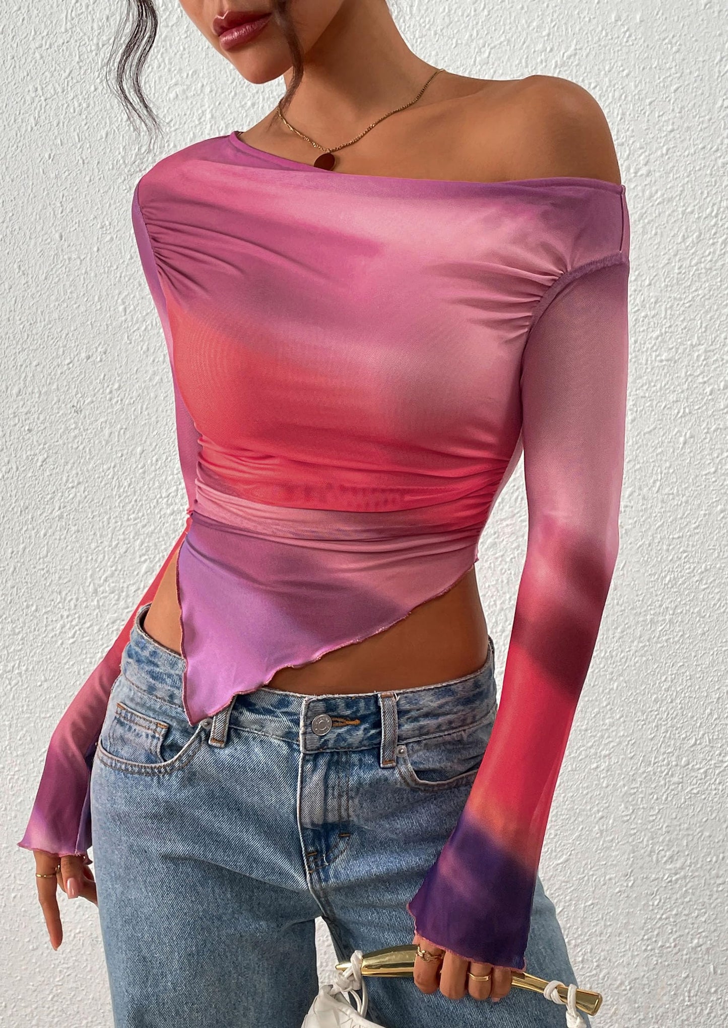 Womens Fall Trendy Off Shoulder Tops Tie Dye Mesh Long Sleeve Shirts Asymmetrical Ruched Floral Blouse
