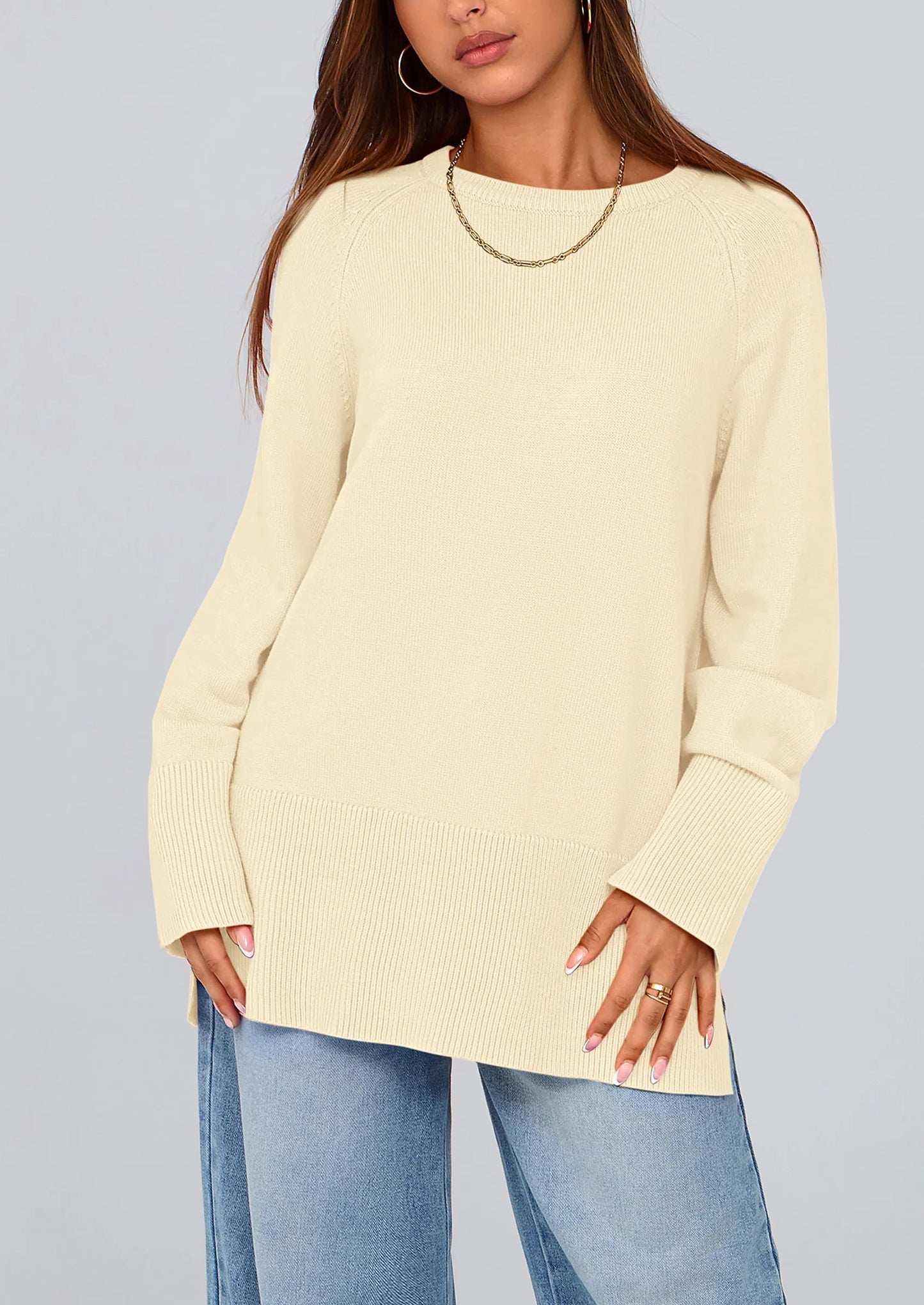 Women's Knit Fall Sweaters Long Sleeve Pullover Crewneck Split Hem Oversized Tunic Sweater Tops Winter Clothing