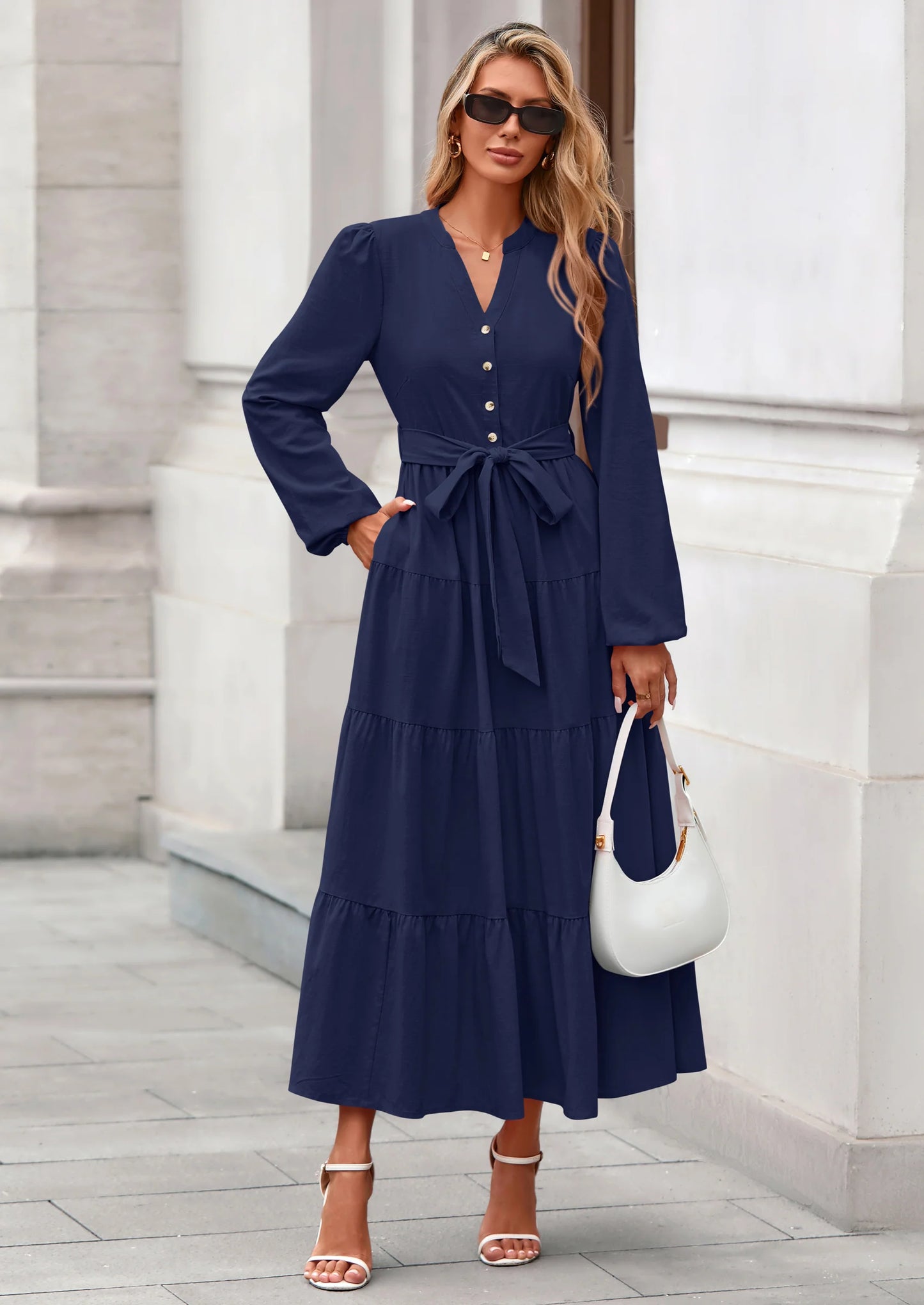 Fall Dresses for Women Long Sleeve V Neck Belted Ruffle A Line Flowy Boho Maxi Wedding Guest Dress Pockets