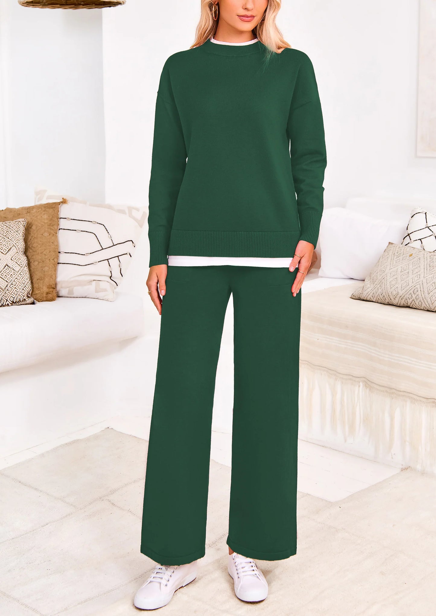 Two Piece Matching Sweater Lounge Sets Knit Long Sleeve Pullover Tops Wide Leg Pants