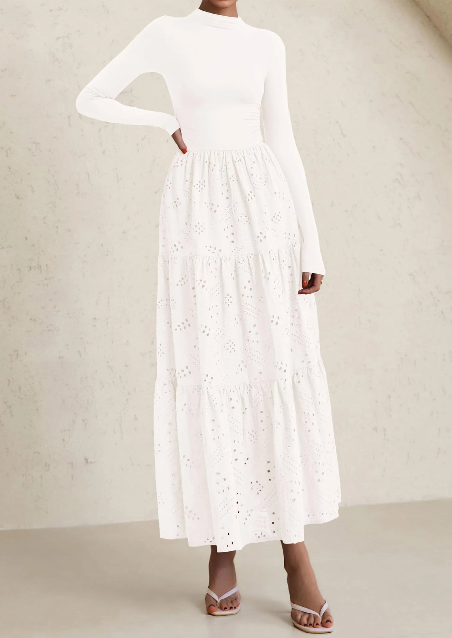 Long Sleeve Dress for Women Fall Eyelet Mock Neck A Line Elegant Classy Maxi Wedding Guest Dresses Pockets