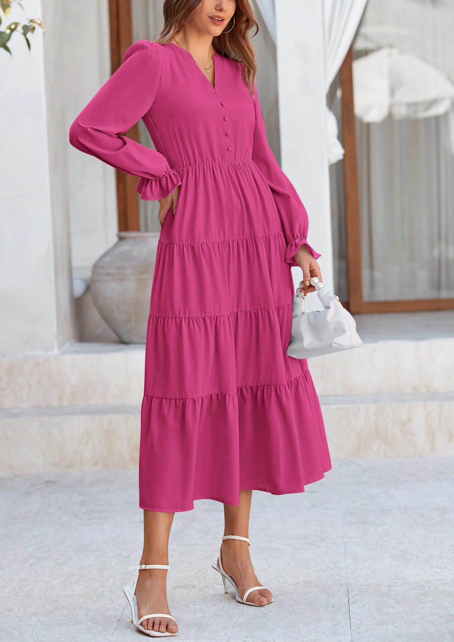 Women Fall Long Sleeve Smocked Maxi Dress Casual Square Neck Swiss Dot Tiered Ruffle Flowy Spring Pocket Dresses