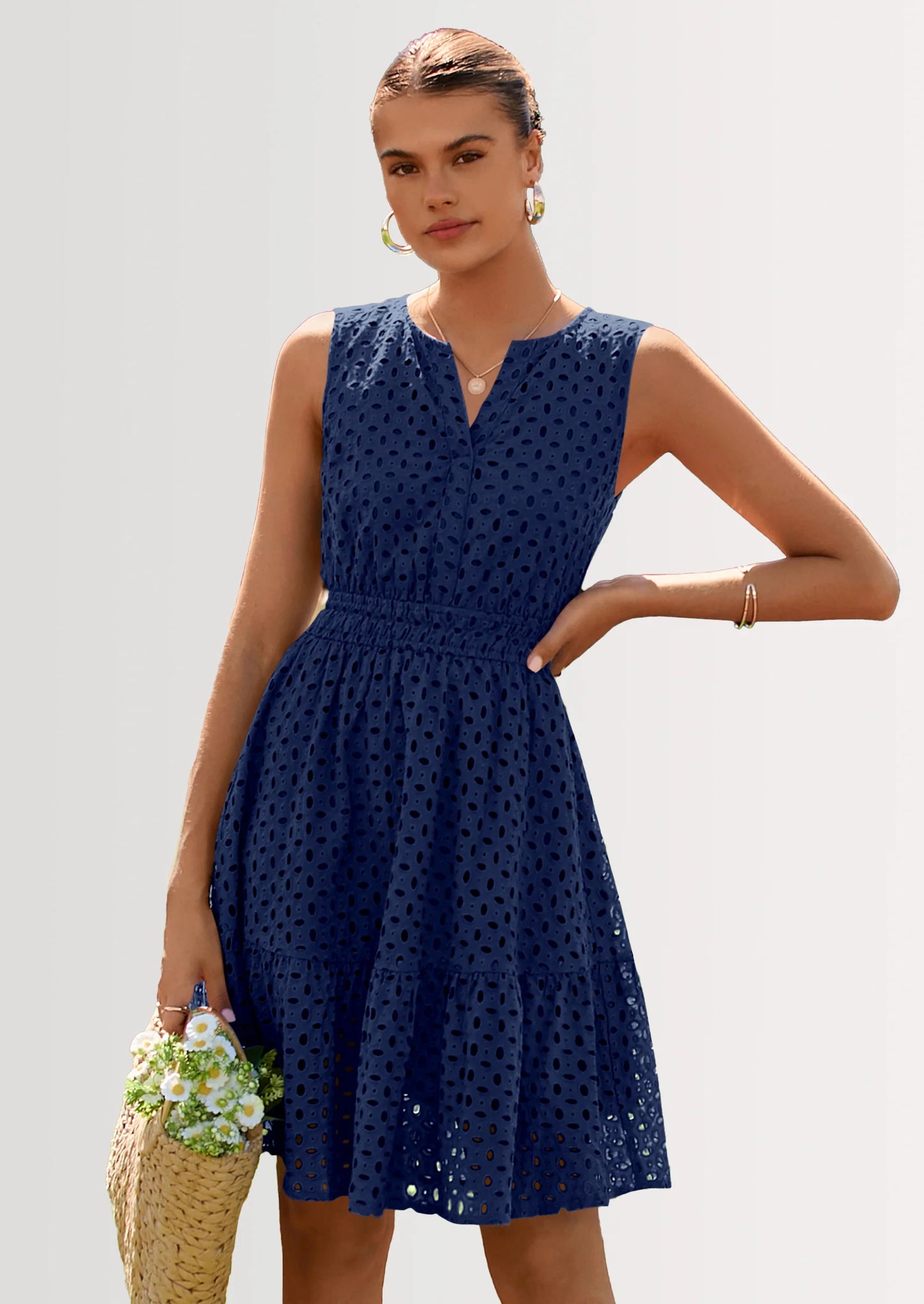 Women's Summer Dresses Sleeveless V Neck Eyelet Hollow Out Swing A Line Beach Vacation Sun Dress