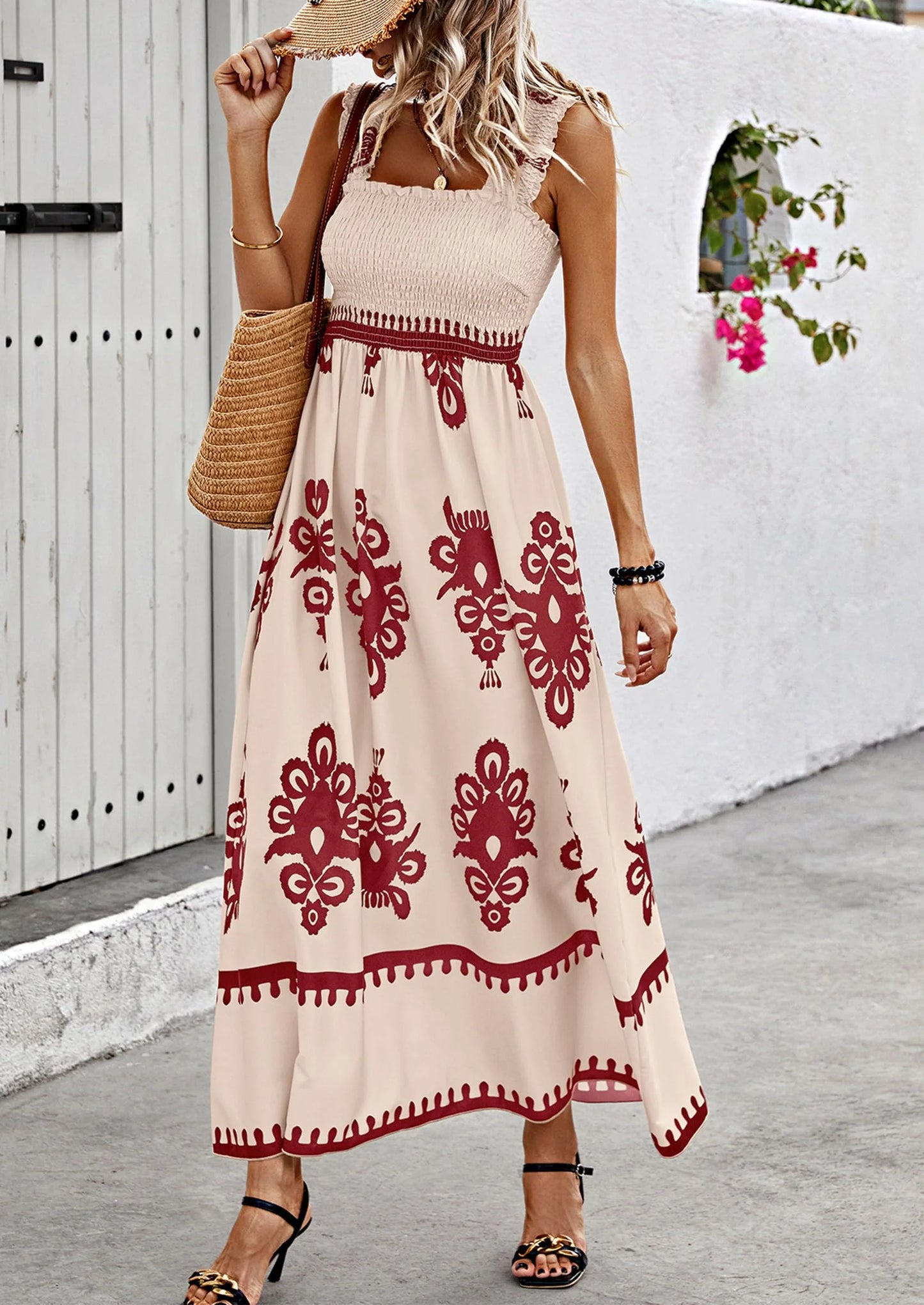 Womens Summer Boho Maxi Dress Casual Sleeveless Square Neck Floral Aline Smocked Beach Dresses with Pockets