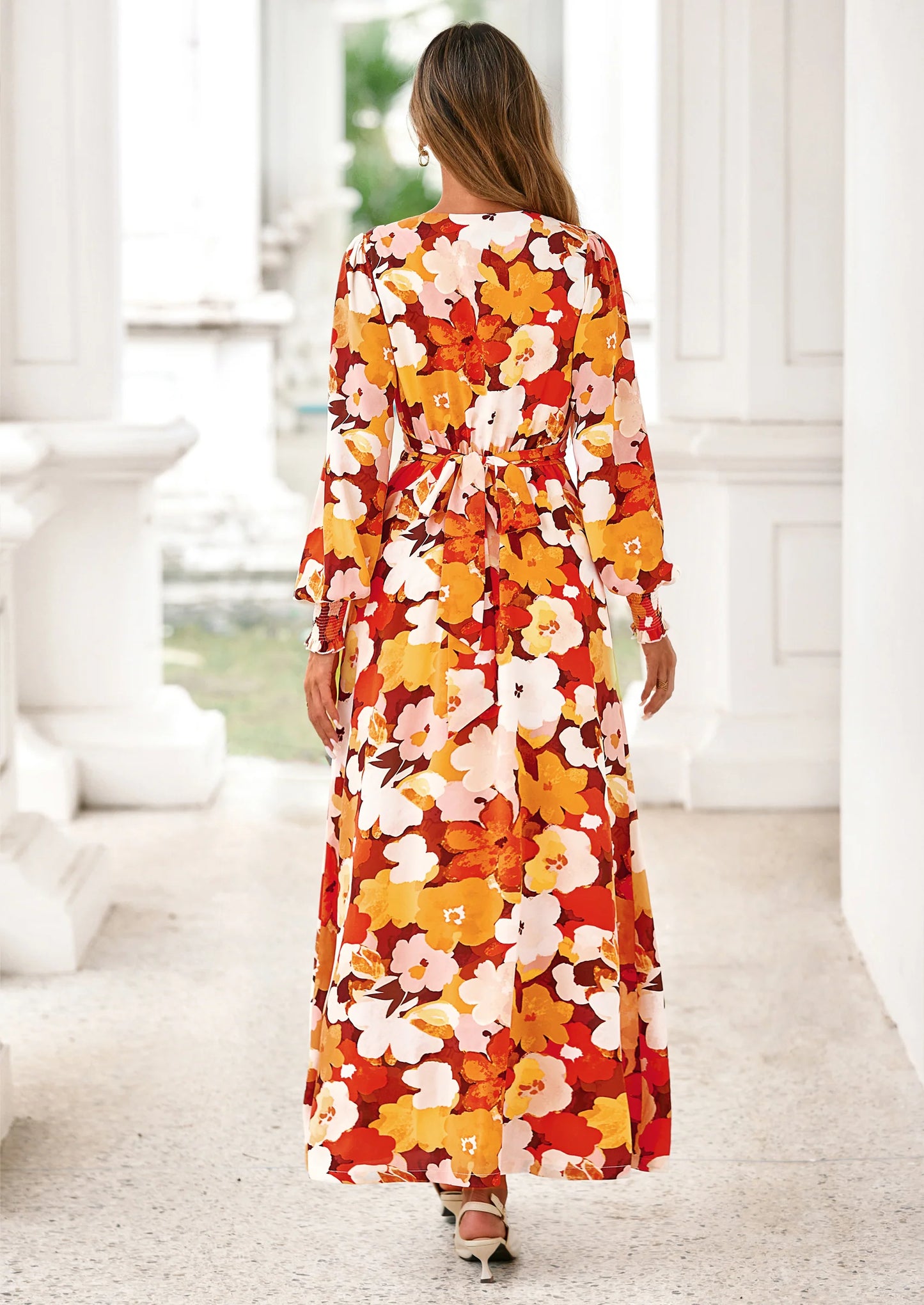 Women's Fall Boho Maxi Dress Floral Long Sleeve V Neck Flowy Belted Elegant Holiday Party Dresses