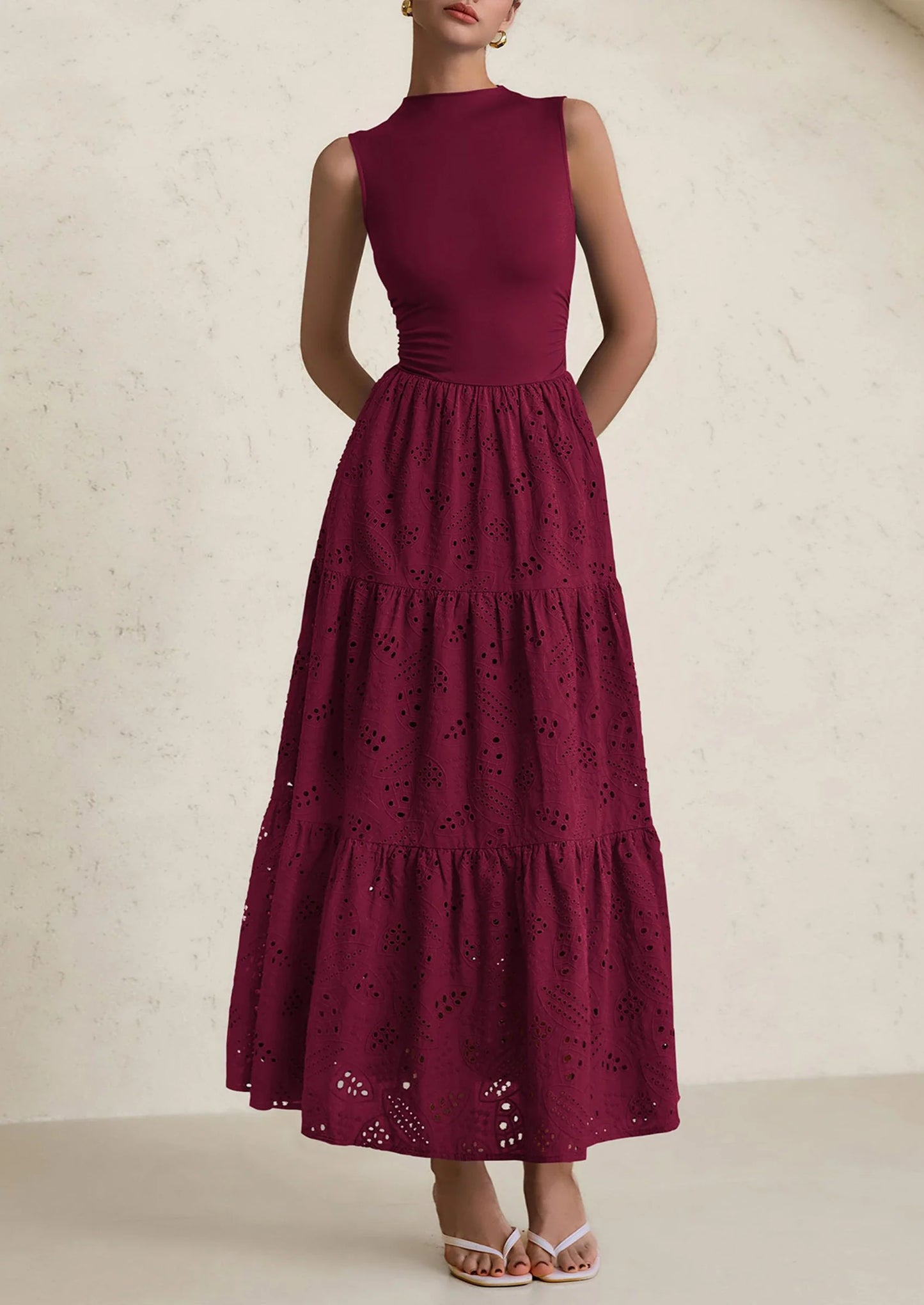 Dresses for Women Casual Eyelet Sleeveless Wedding Guest Maxi Dress Tank Top Sundress with Pockets