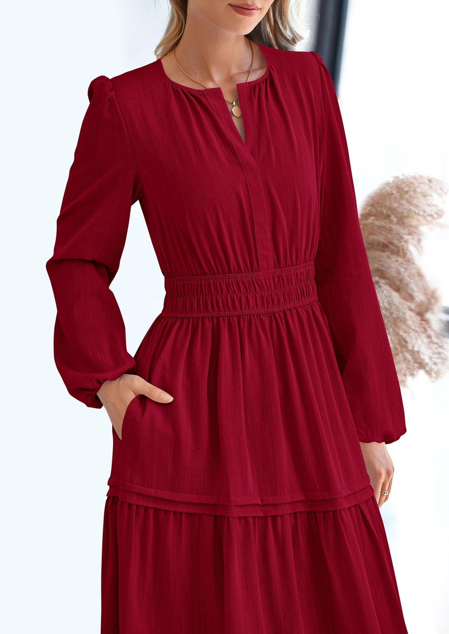 Women's Elegant Maxi Dresses Long Sleeve V Neck Flowy Pockets Casual Modest Dress Fall Fashion Clothes