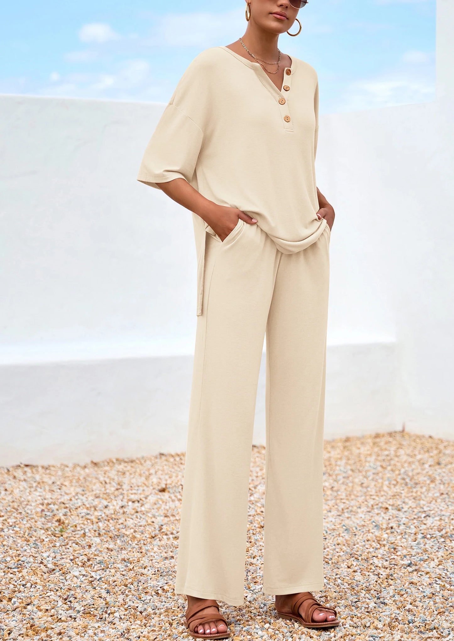 Women's 2 Piece Outfits Summer Casual V Neck Short Sleeve Tops Wide Leg Pants Matching Lounge Sets