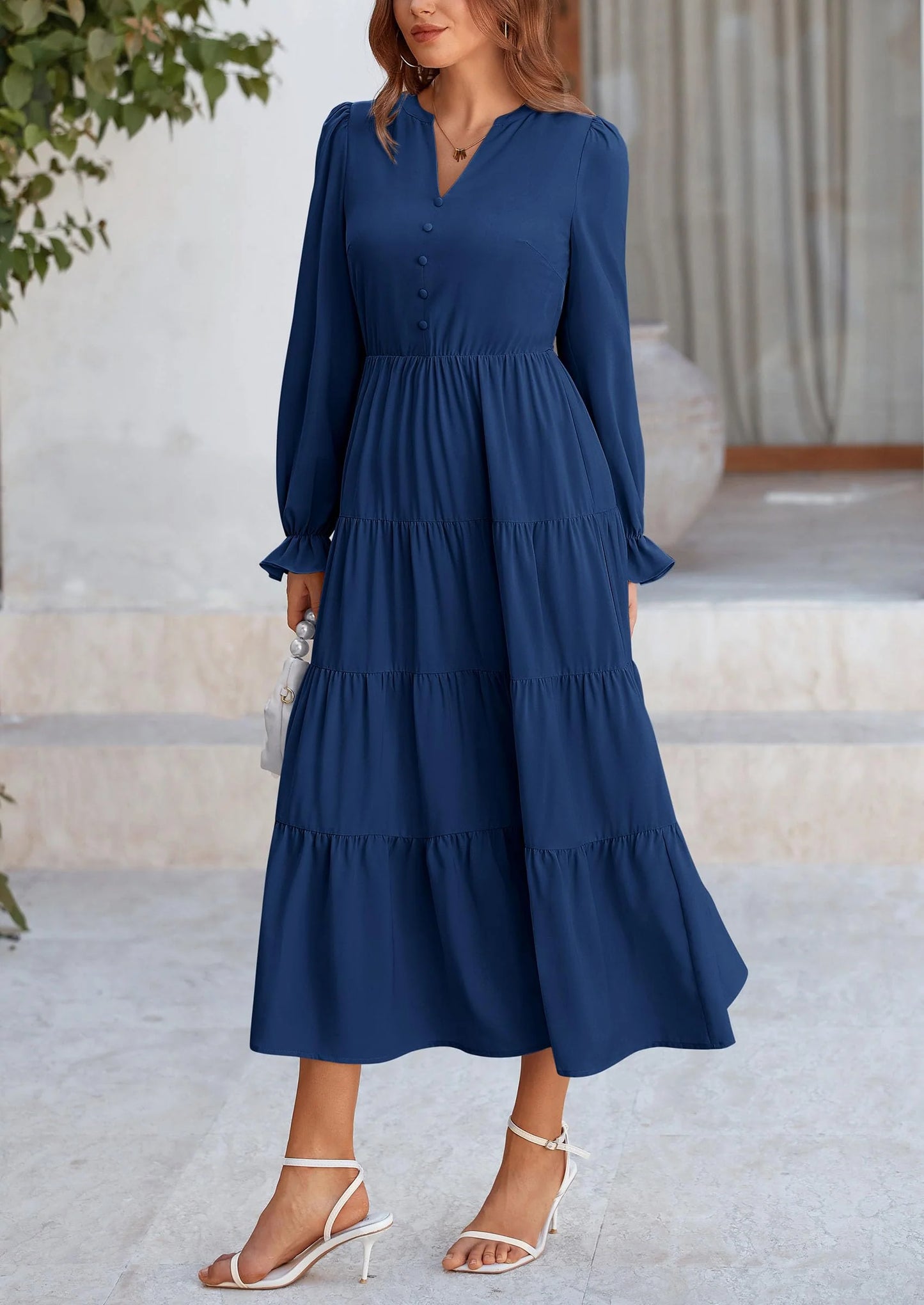 Women Fall Long Sleeve Smocked Maxi Dress Casual Square Neck Swiss Dot Tiered Ruffle Flowy Spring Pocket Dresses