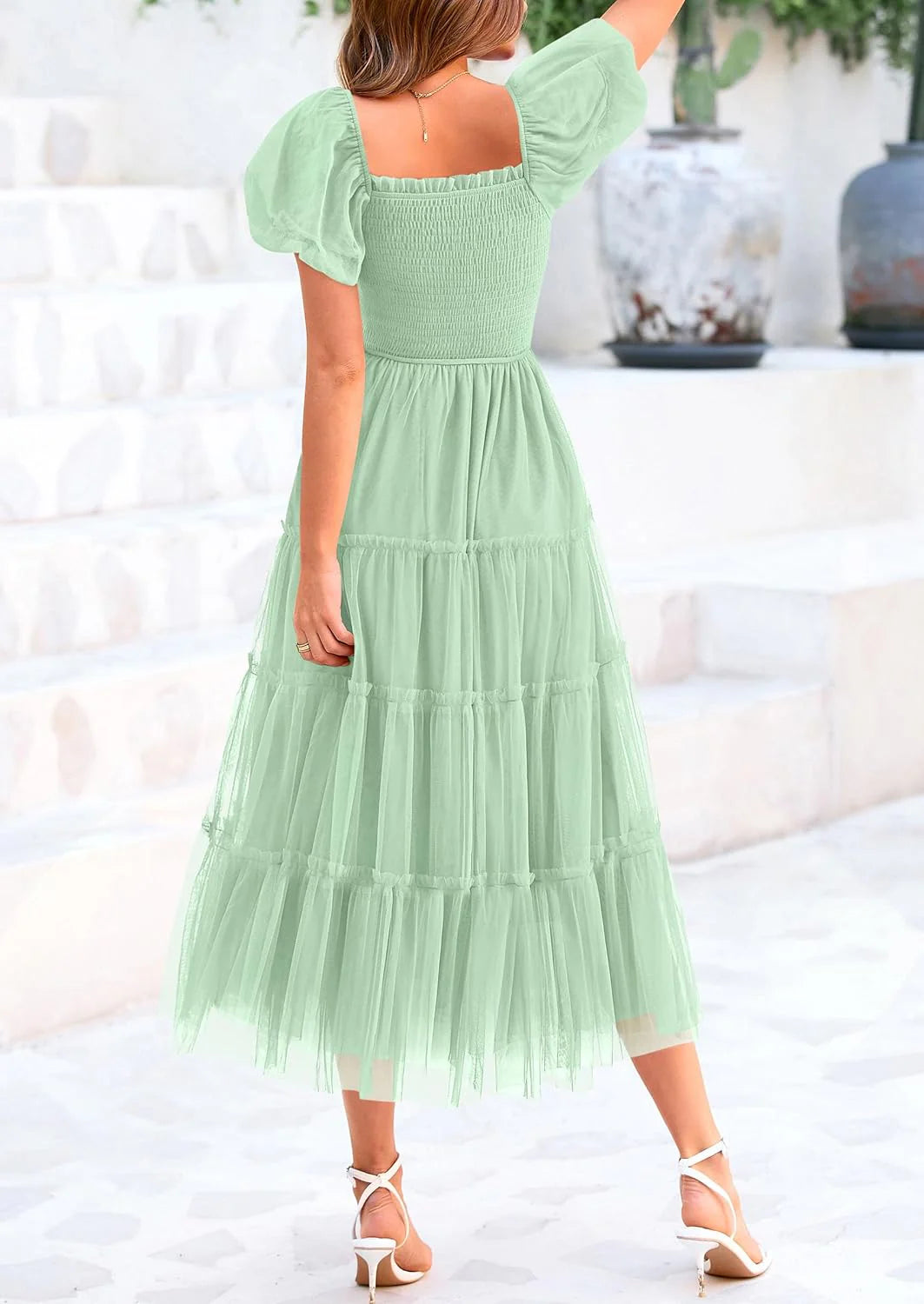 Women's Smocked Tulle Midi Dress Square Neck Puffy Short Sleeve Ruffle Wedding Guest Party Dresses