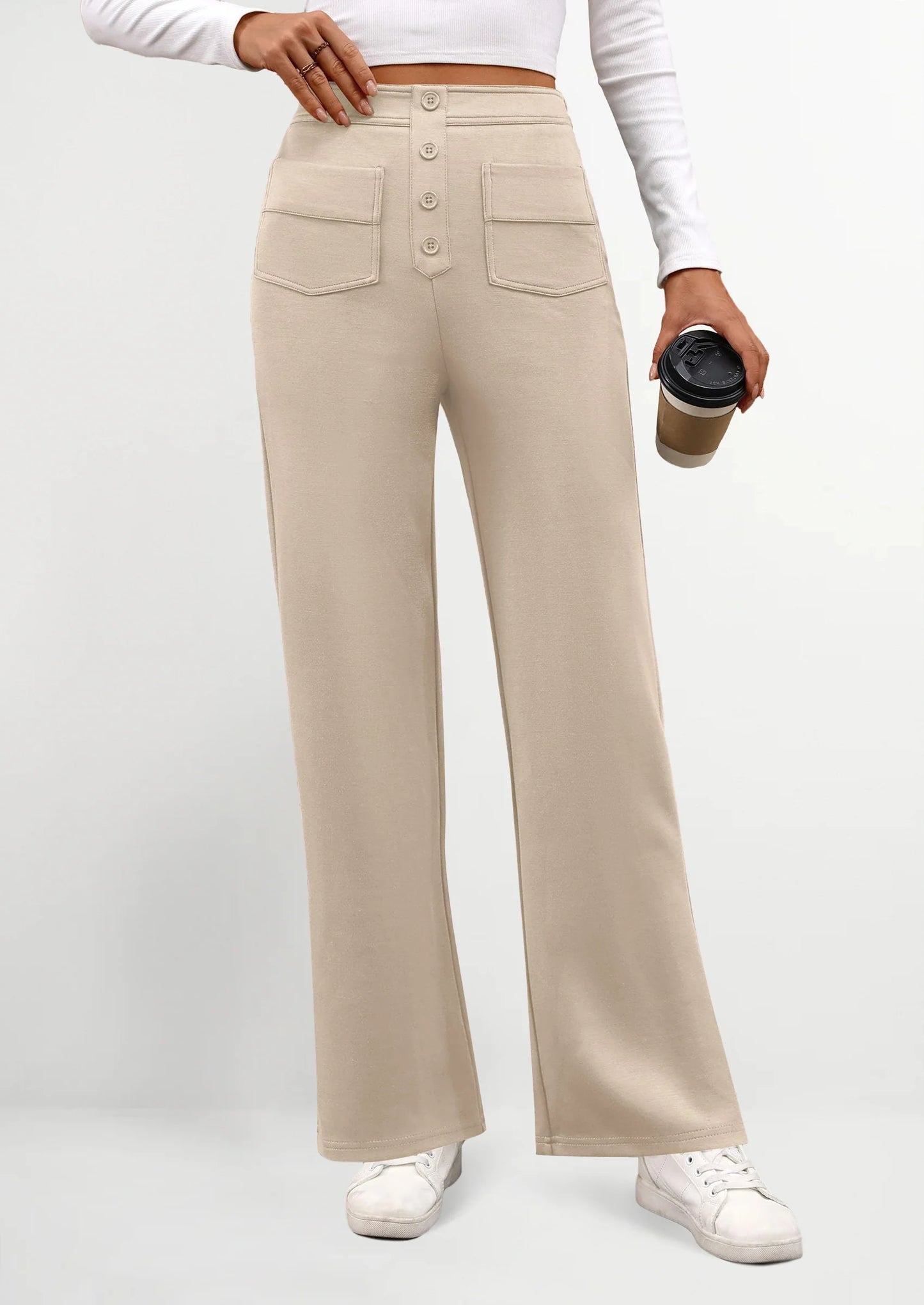 Women's Dressy Casual Dress Pants Straight Leg High Elastic Waisted Stretch Trouser Slacks