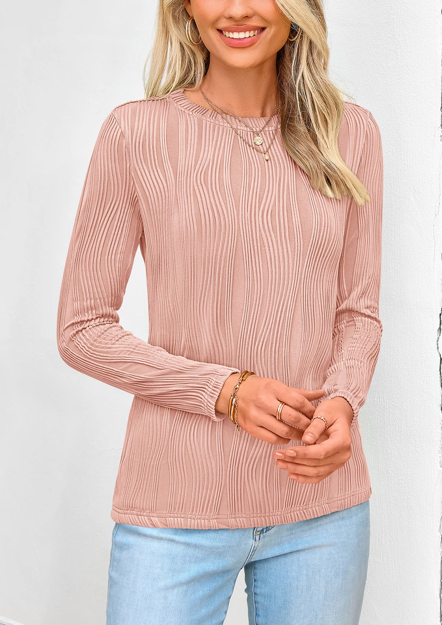 Long Sleeve Tops for Women Spring Fall Trendy Business Dressy Casual Shirts Crewneck Textured Blouse