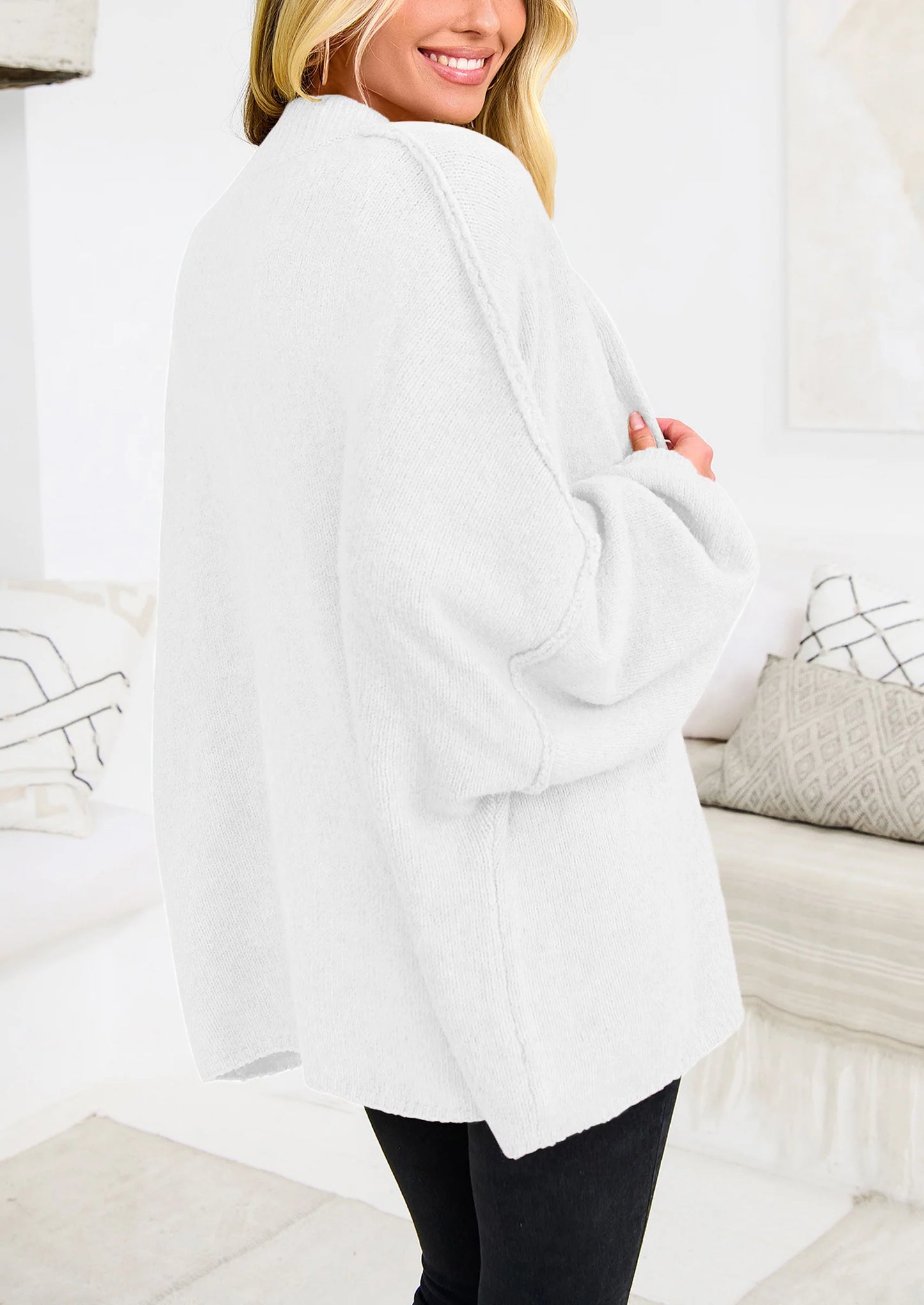Women's Winter Button Down Cardigan Sweaters Mock Neck Lantern Long Sleeve Chunky Knit Jacket Trendy Outerwear