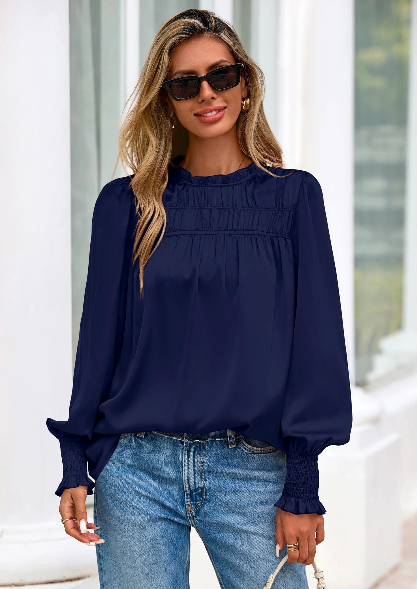 Blouses for Women Dressy Casual Fall Outfits Frill Neck Long Sleeve Shirts Satin Work Business Casual Tops