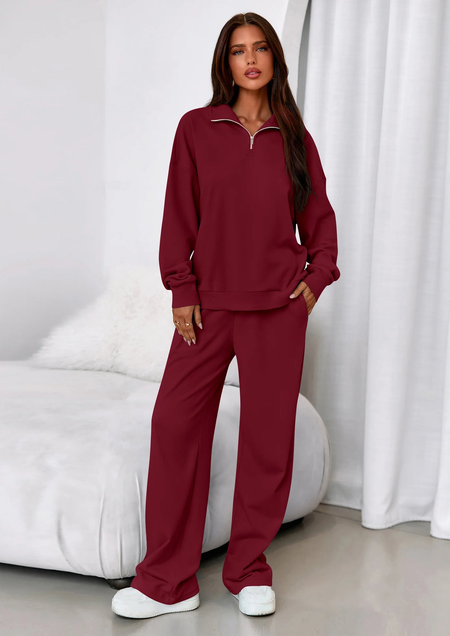 Womens Casual Two Piece Sets Fall Outfits Quarter Zip Sweatshirts Straight Leg Pants Sweatsuits Tracksuit
