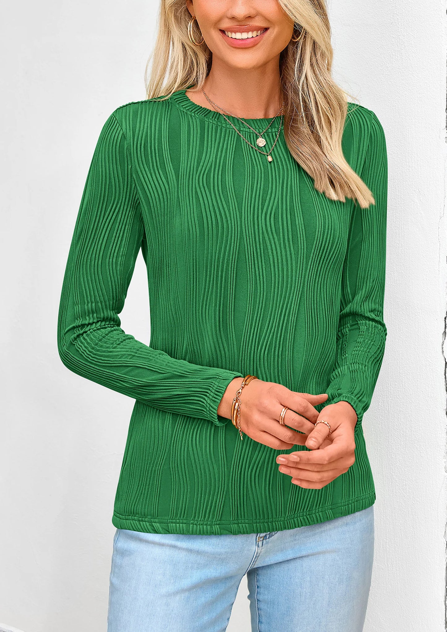 Long Sleeve Tops for Women Spring Fall Trendy Business Dressy Casual Shirts Crewneck Textured Blouse
