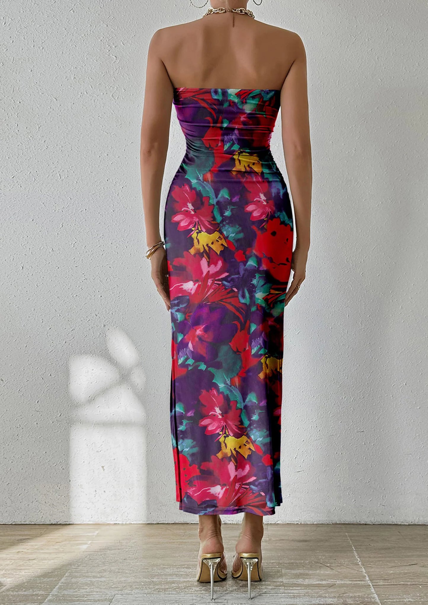Women's Maxi Bodycon Dresses Strapless Tube Top Slit Floral Printed Party Club Long Dress