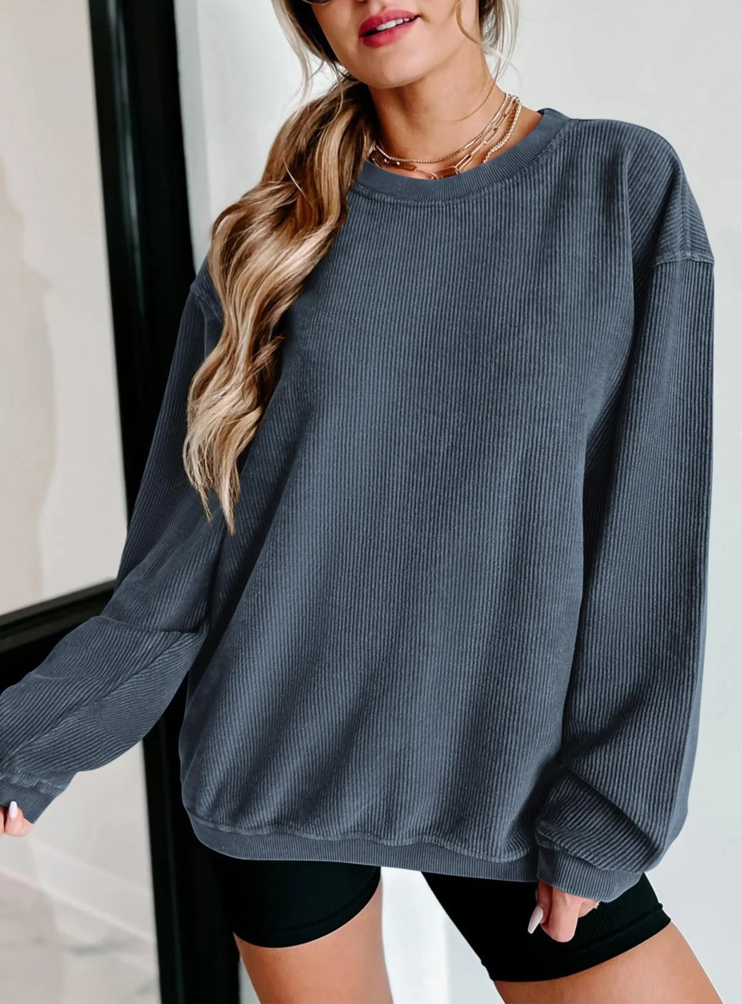 Women's Oversized Sweatshirt 2025 Fall Fashion Clothes Ribbed Corduroy Long Sleeve Going Out Pullover Tops
