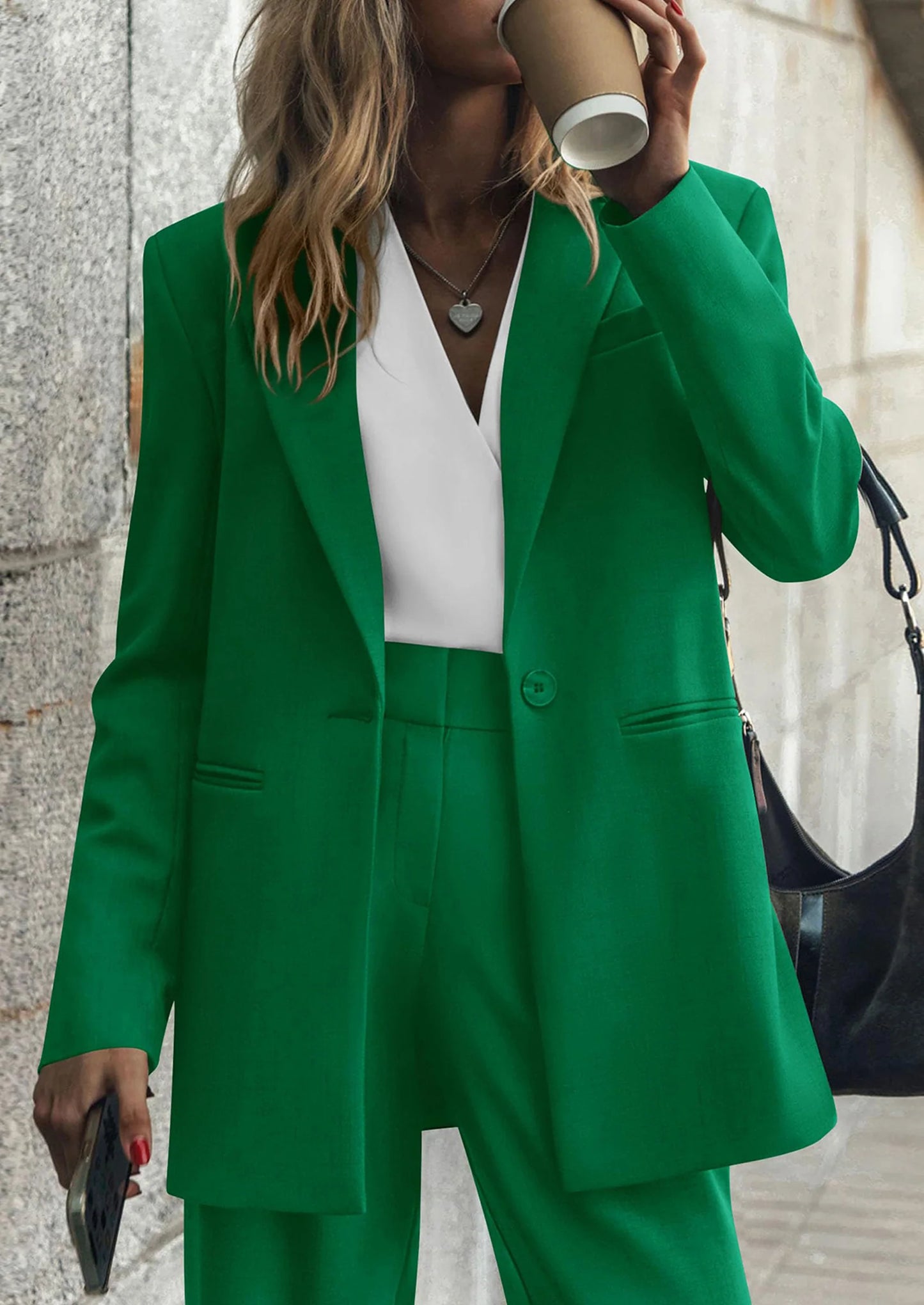 Women's Fall Two Piece Outfits Dressy Blazer Jacket and Wide Leg Pants Pockets Business Casual Office Suit Sets