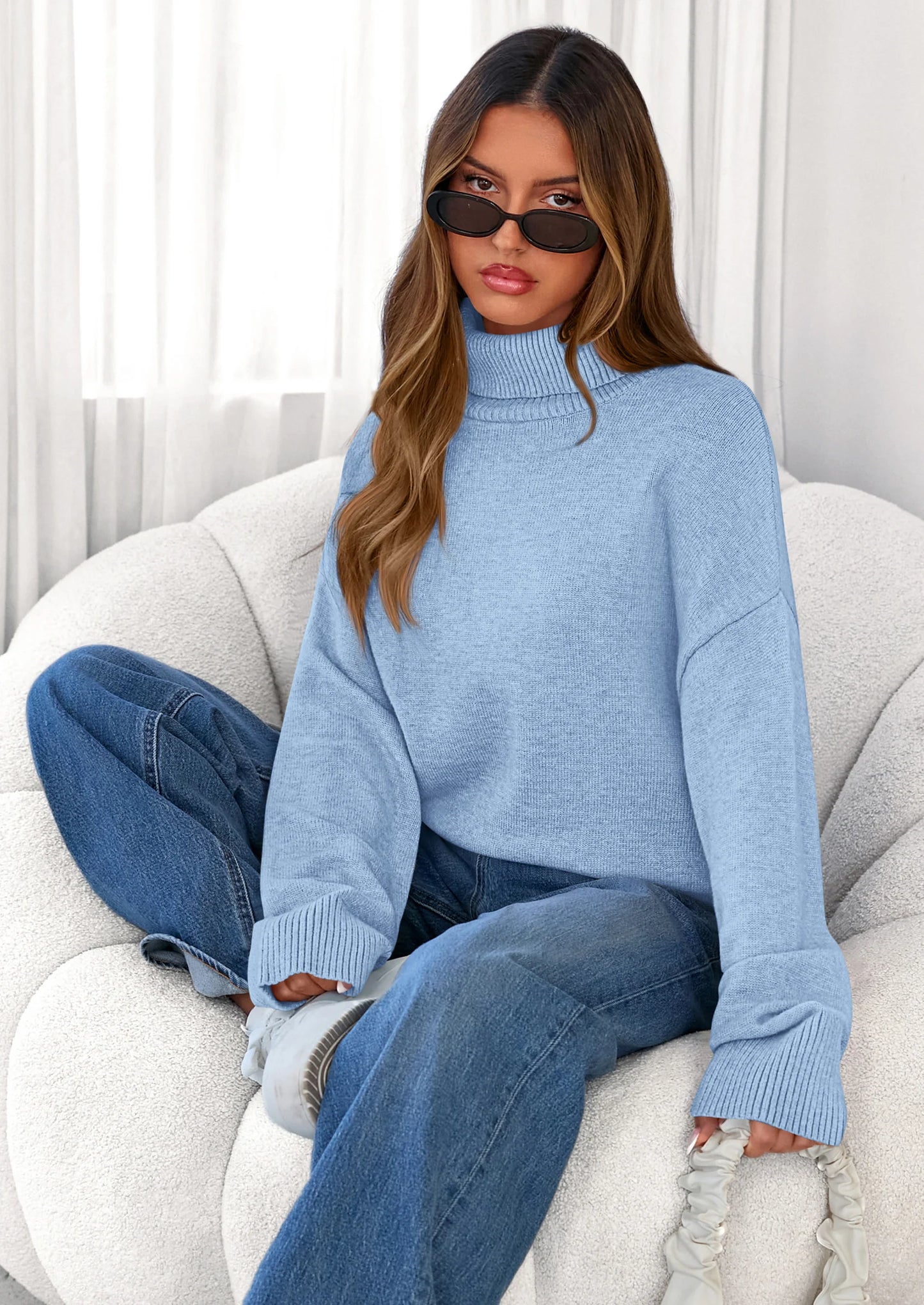 Womens Turtleneck Long Sleeve Sweater Fall Trendy Loose Fit Casual Tops Chunky Knit Pullover Sweaters