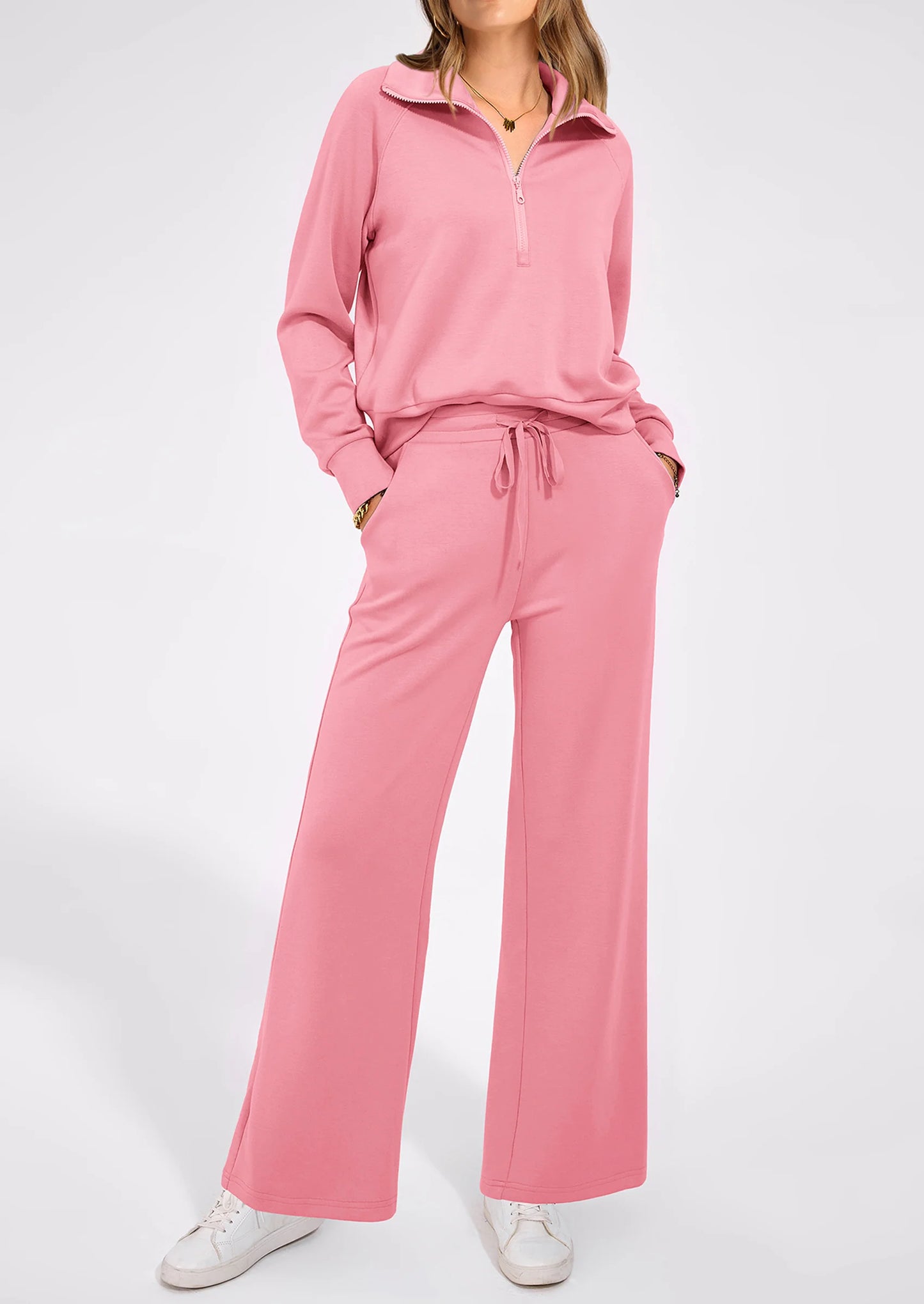 Women's 2 Piece Outfits Casual Lapel Half Zip Sweatshirts And Wide Leg Pants Tracksuit Sets
