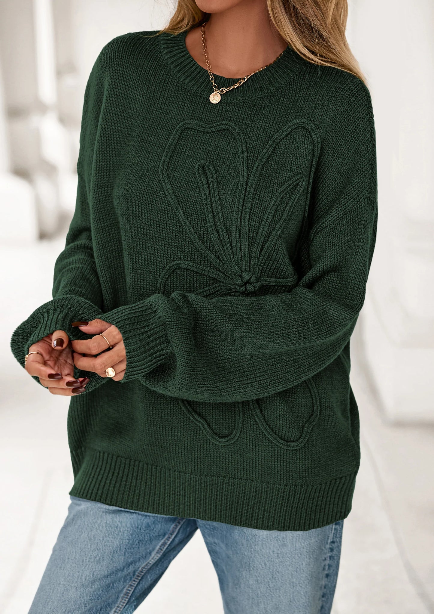 Womens Sweaters Fall Fashion Long Sleeve Crewneck Floral Knit Pullover Sweater Tops Winter Clothes