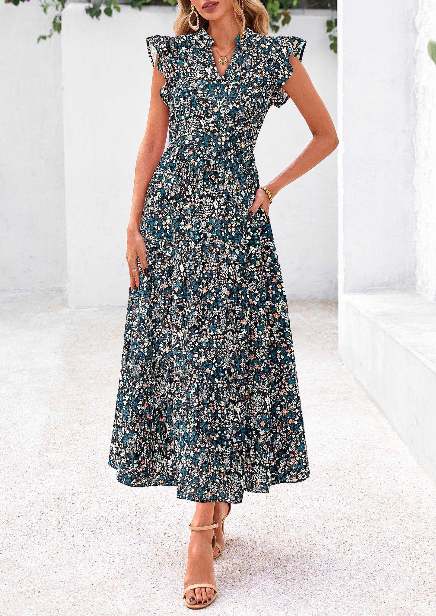 Women's Summer Floral Midi Dress Cap Sleeve V Neck Ruffle Long Flowy Boho Casual Beach Vacation Dresses