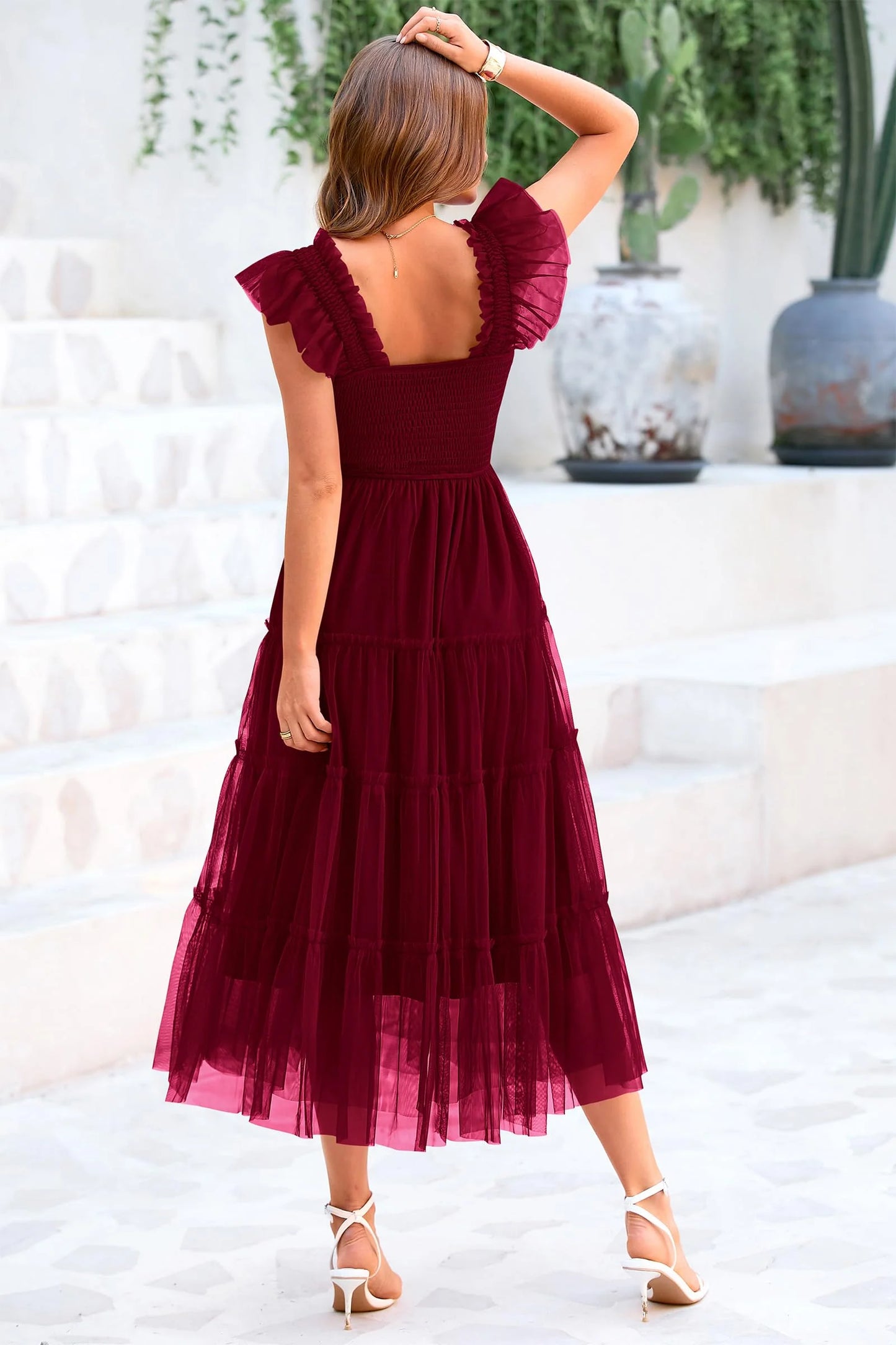 Women's Tulle Midi Dress Sleeveless Smocked Ruffle Mesh Flowy Dresses Party Wedding Guest Sundress