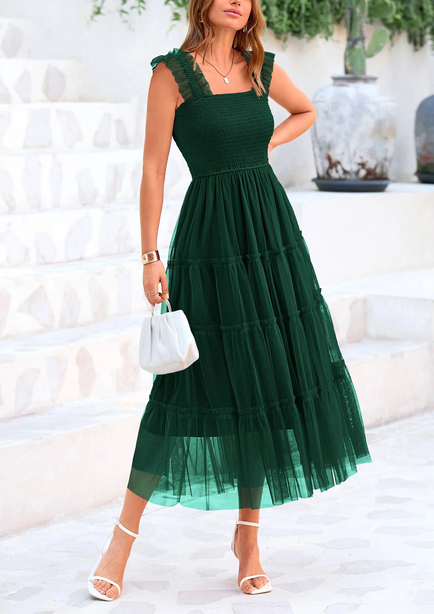 Women's Tulle Midi Dress Sleeveless Smocked Ruffle Mesh Flowy Dresses Party Wedding Guest Sundress