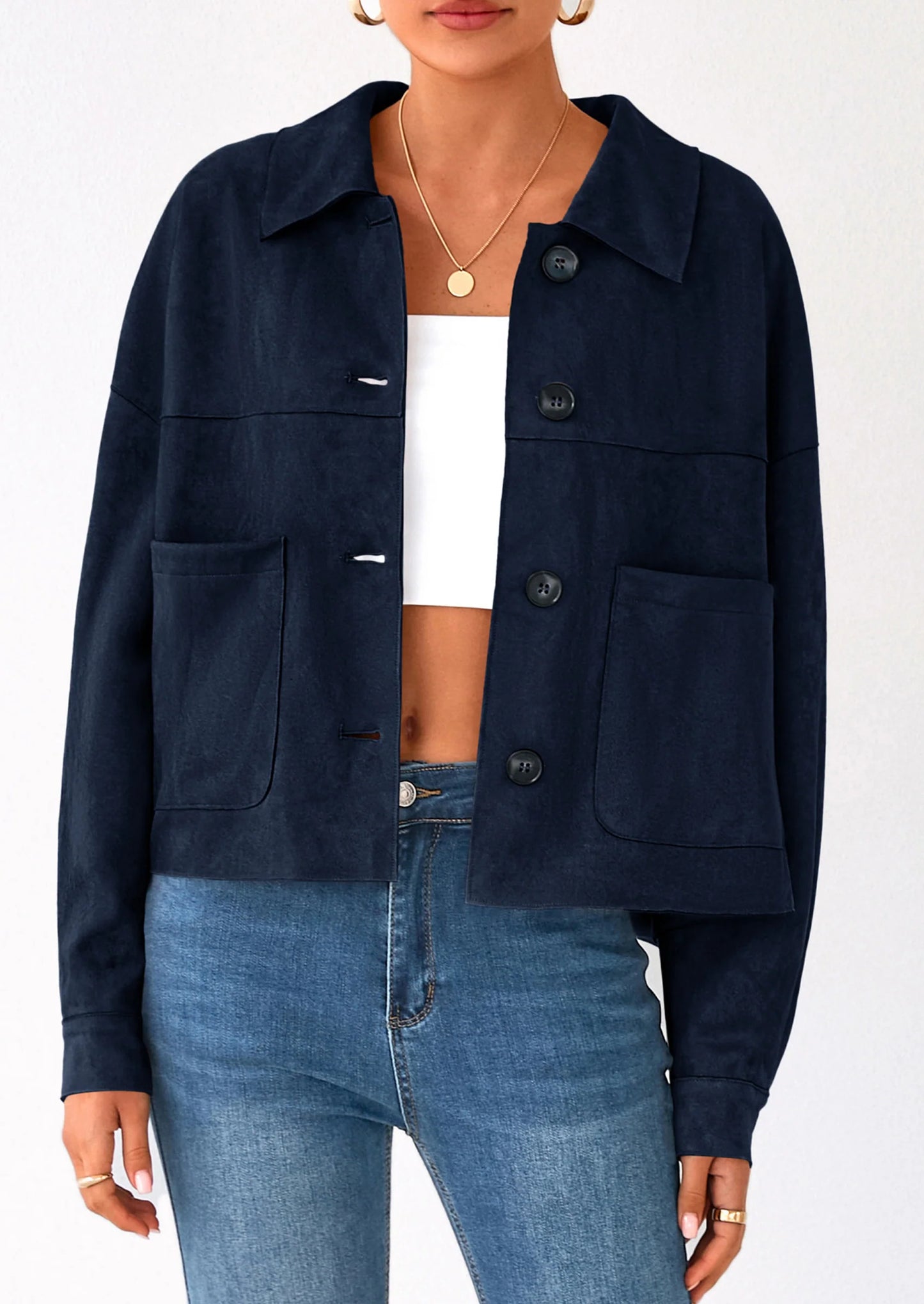 Women's Faux Suede Cropped Jacket Casual Lightweight Fall Fashion Winter Coats Outerwear Trendy Clothes