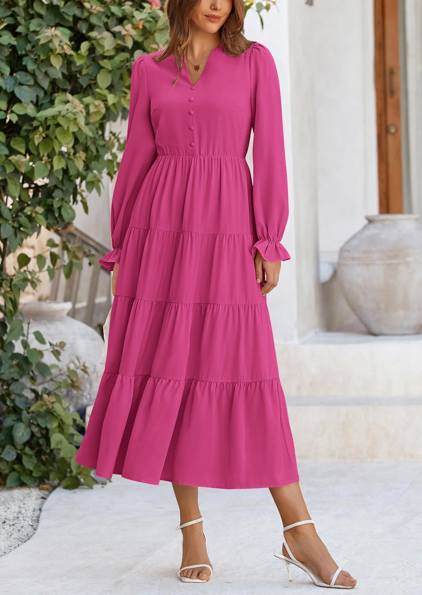 Women Fall Long Sleeve Smocked Maxi Dress Casual Square Neck Swiss Dot Tiered Ruffle Flowy Spring Pocket Dresses