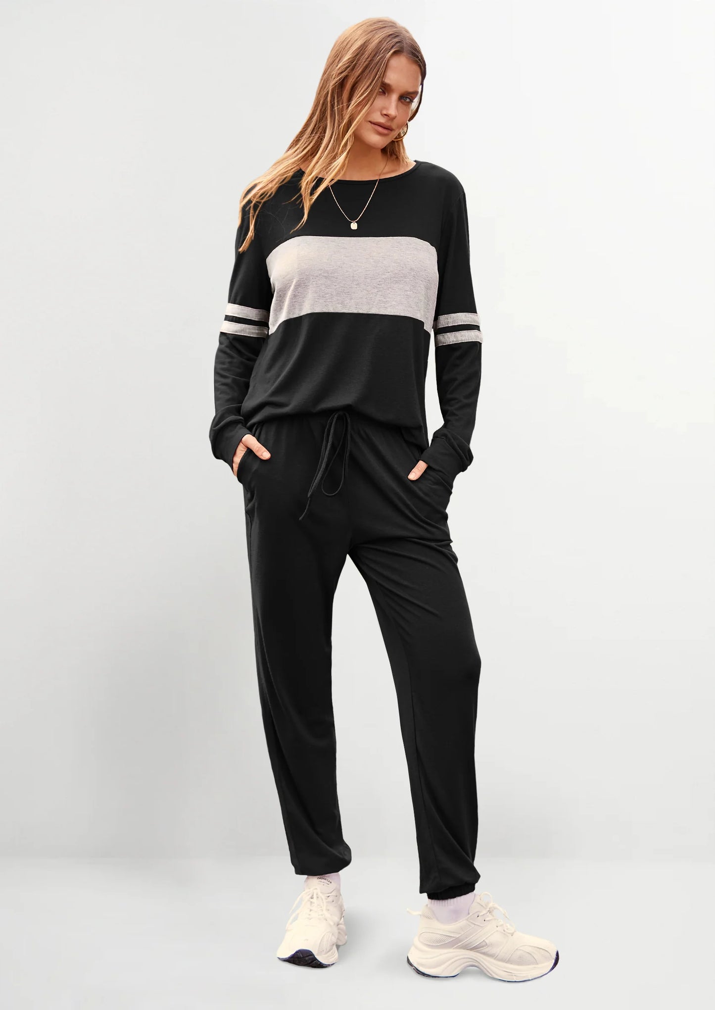 Women's Color Block 2 Piece Spring Tracksuit Crewneck Long Sleeve Tops Long Sweatpants Outfits Lounge Sets