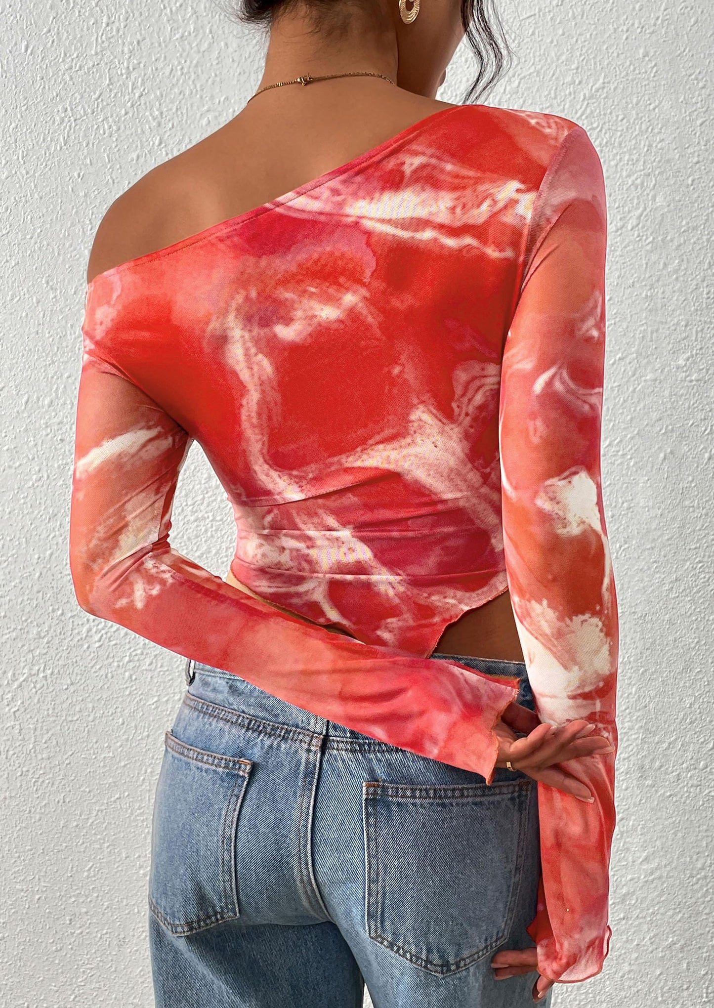 Womens Fall Trendy Off Shoulder Tops Tie Dye Mesh Long Sleeve Shirts Asymmetrical Ruched Floral Blouse