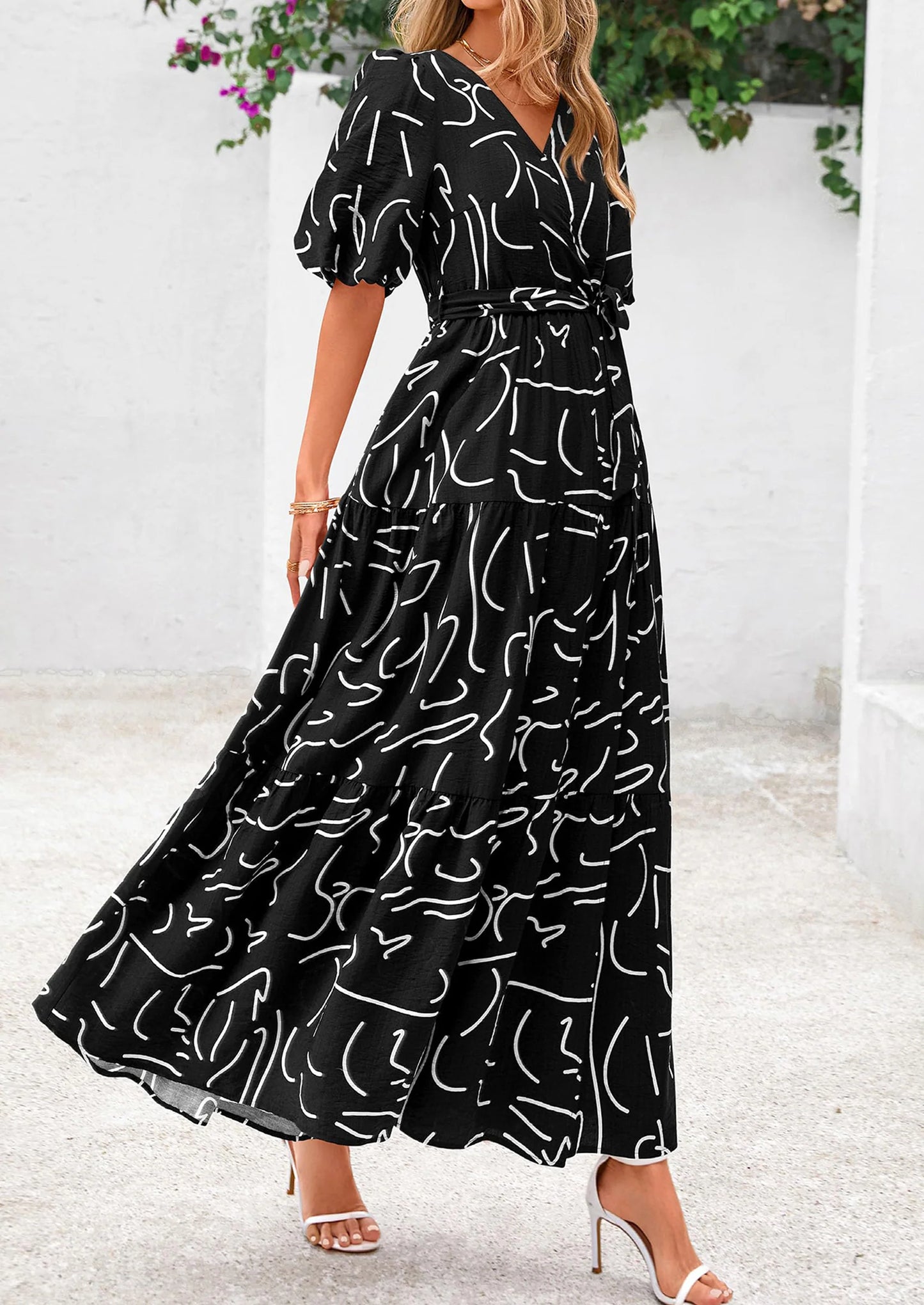 Women's Maxi Dress Resort Wear Boho Floral V Neck Puff Short Sleeve Ruffle Flowy Beach Long Dresses