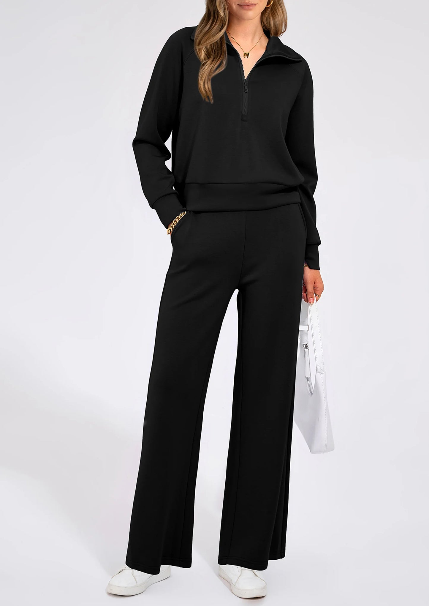 Women's 2 Piece Outfits Casual Lapel Half Zip Sweatshirts And Wide Leg Pants Tracksuit Sets