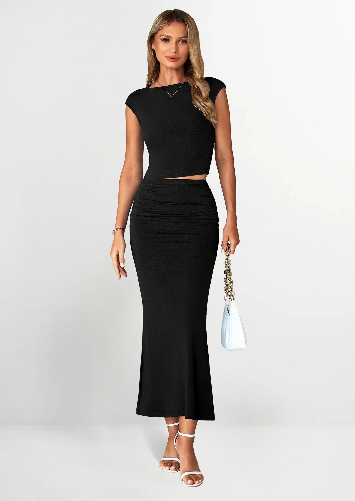 Summer 2 Piece Sets for Women Going Out Casual Cap Sleeve Crop Tops Ruched Maxi Long Skirts Spring Outfits