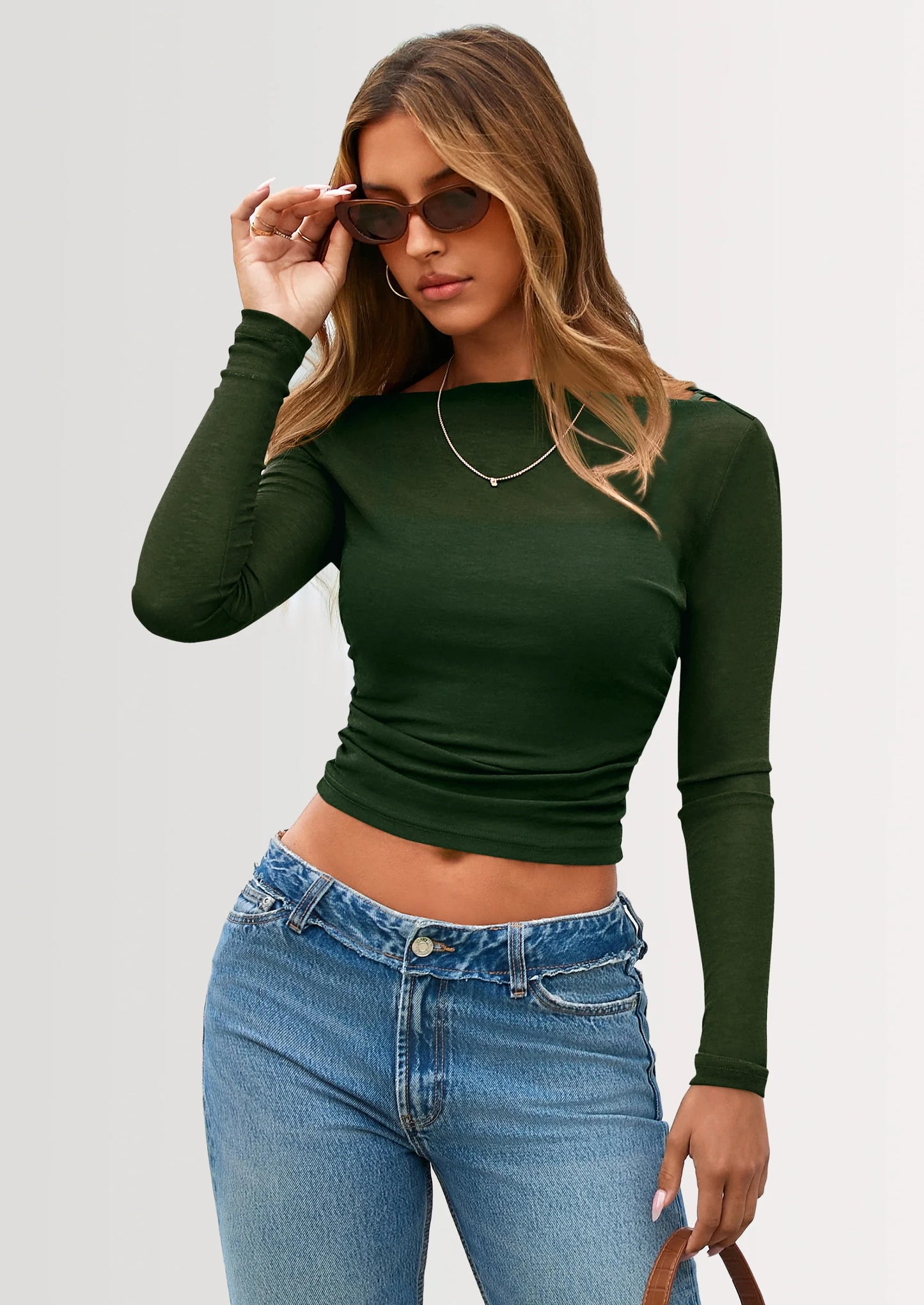 Women's Long Sleeve Sheer Crop Tops Boat Neck See Through Cover Up with Spaghetti Strap Camisole 2 Piece Blouses