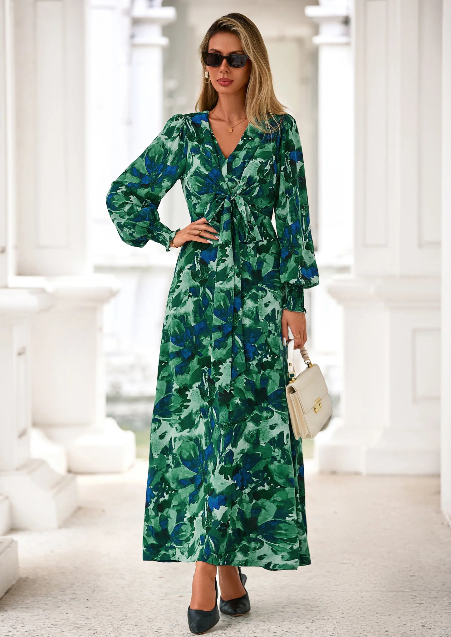 Women's Fall Boho Maxi Dress Floral Long Sleeve V Neck Flowy Belted Elegant Holiday Party Dresses
