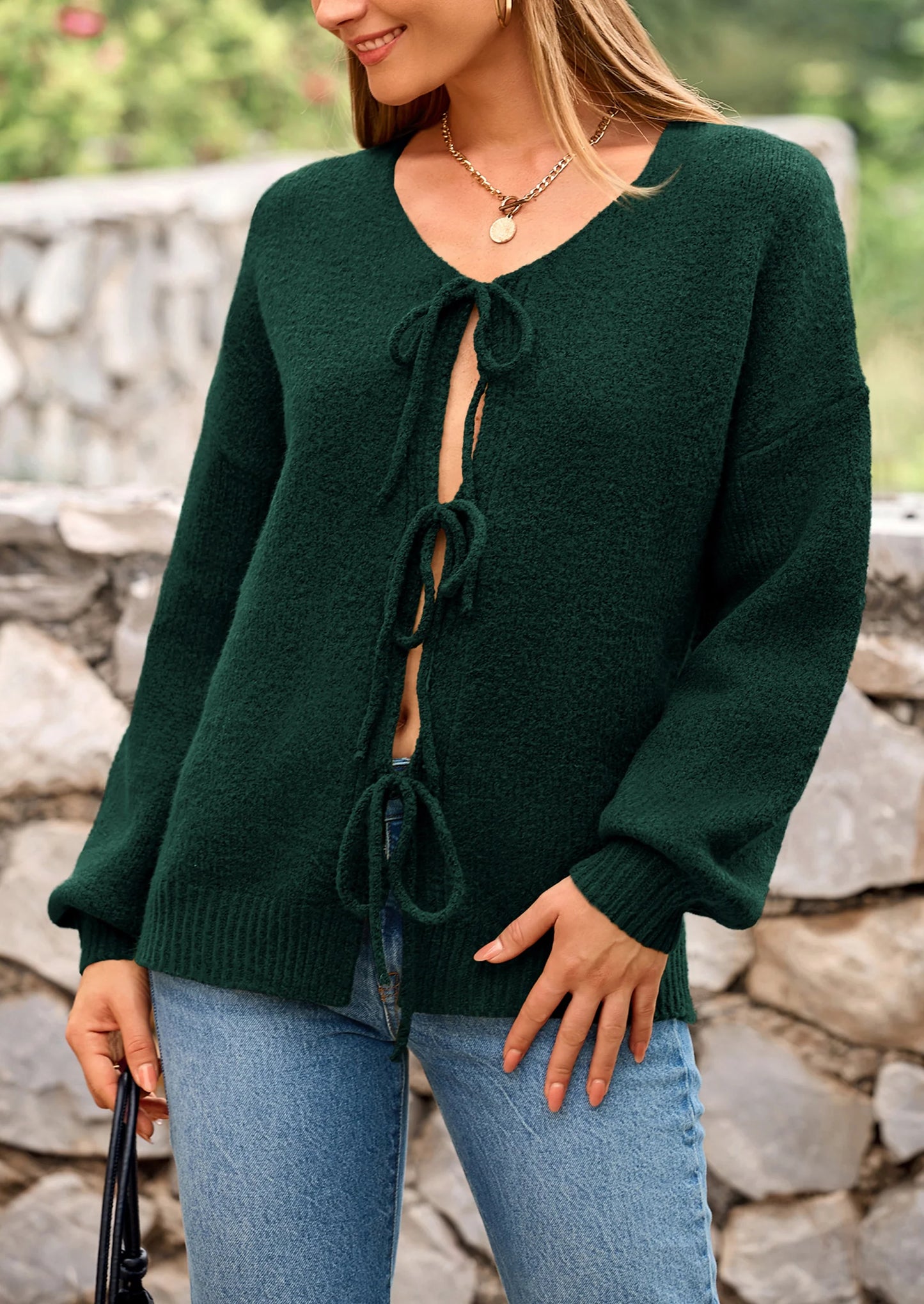 Women's Tie Front Bow Cardigan Sweaters Chunky Knit Long Puff Sleeve Trendy Fall Winter Jacket Coats