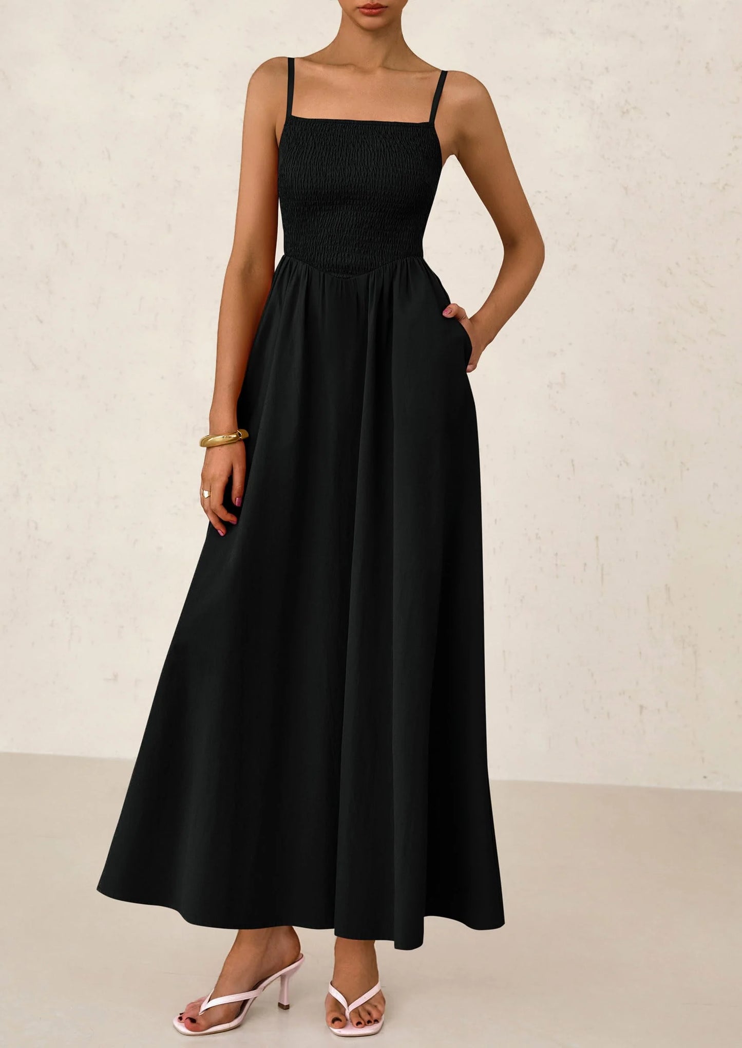 Women's Smocked Maxi Dresses Beach Sundress Casual Spaghetti Strap Swing A Line Long Flowy Dress