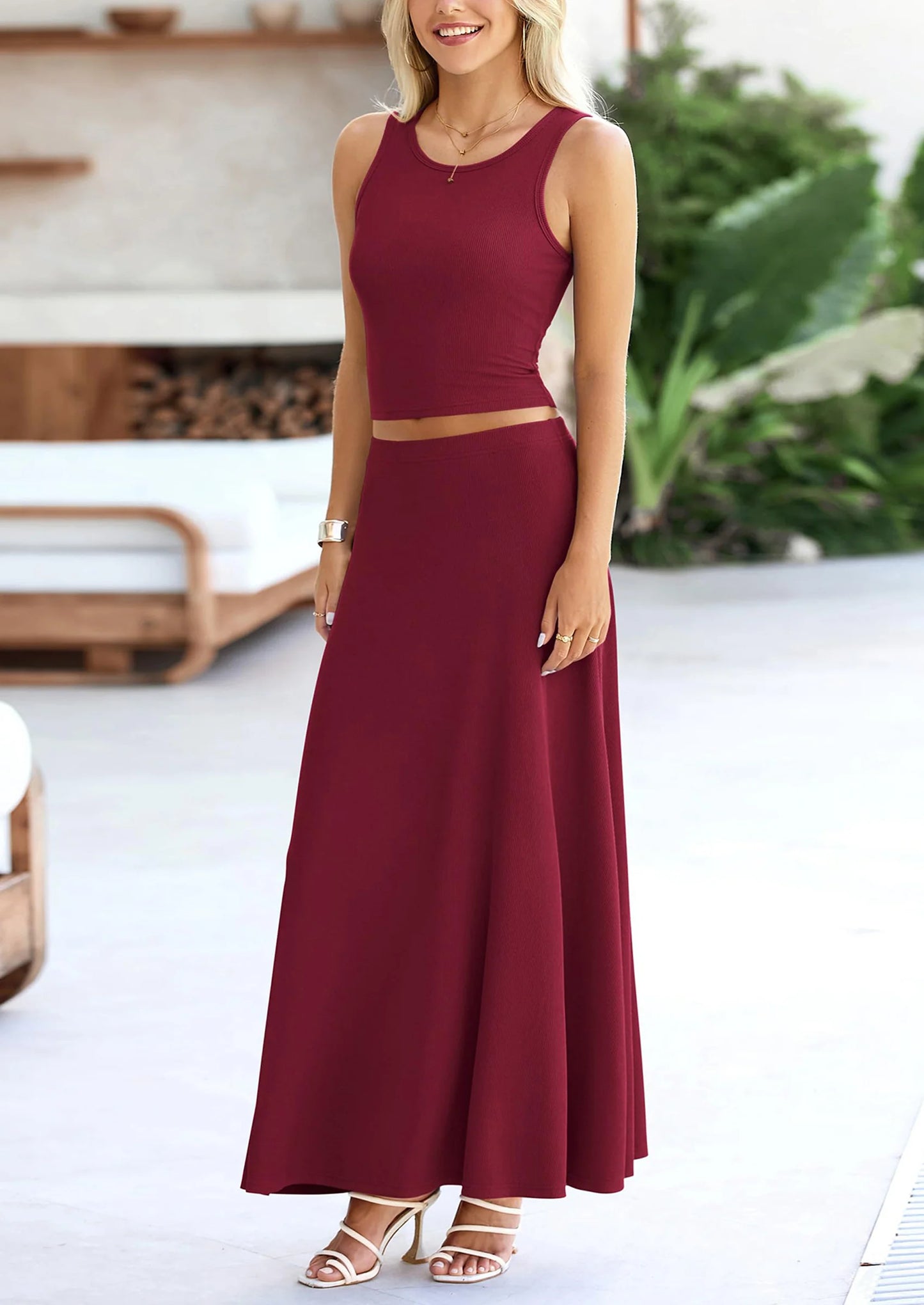 2 Piece Maxi Skirt Sets Casual Knit Cropped Tank Top High Waisted Long Skirts Outfit