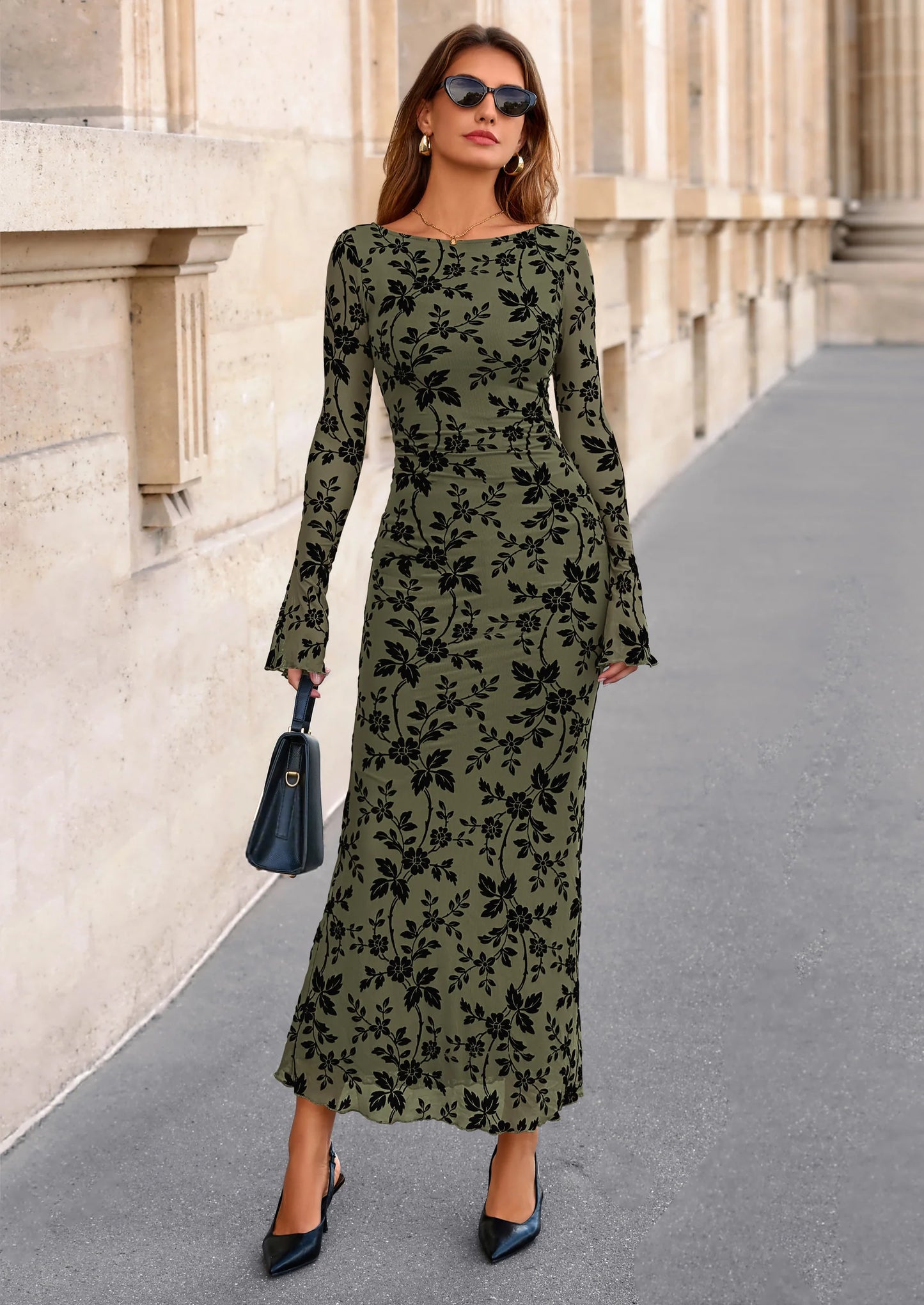 Women's Floral Bodycon Maxi Dress Fall Elegant Mesh Long Sleeve Formal Wedding Guest Cocktail Dresses