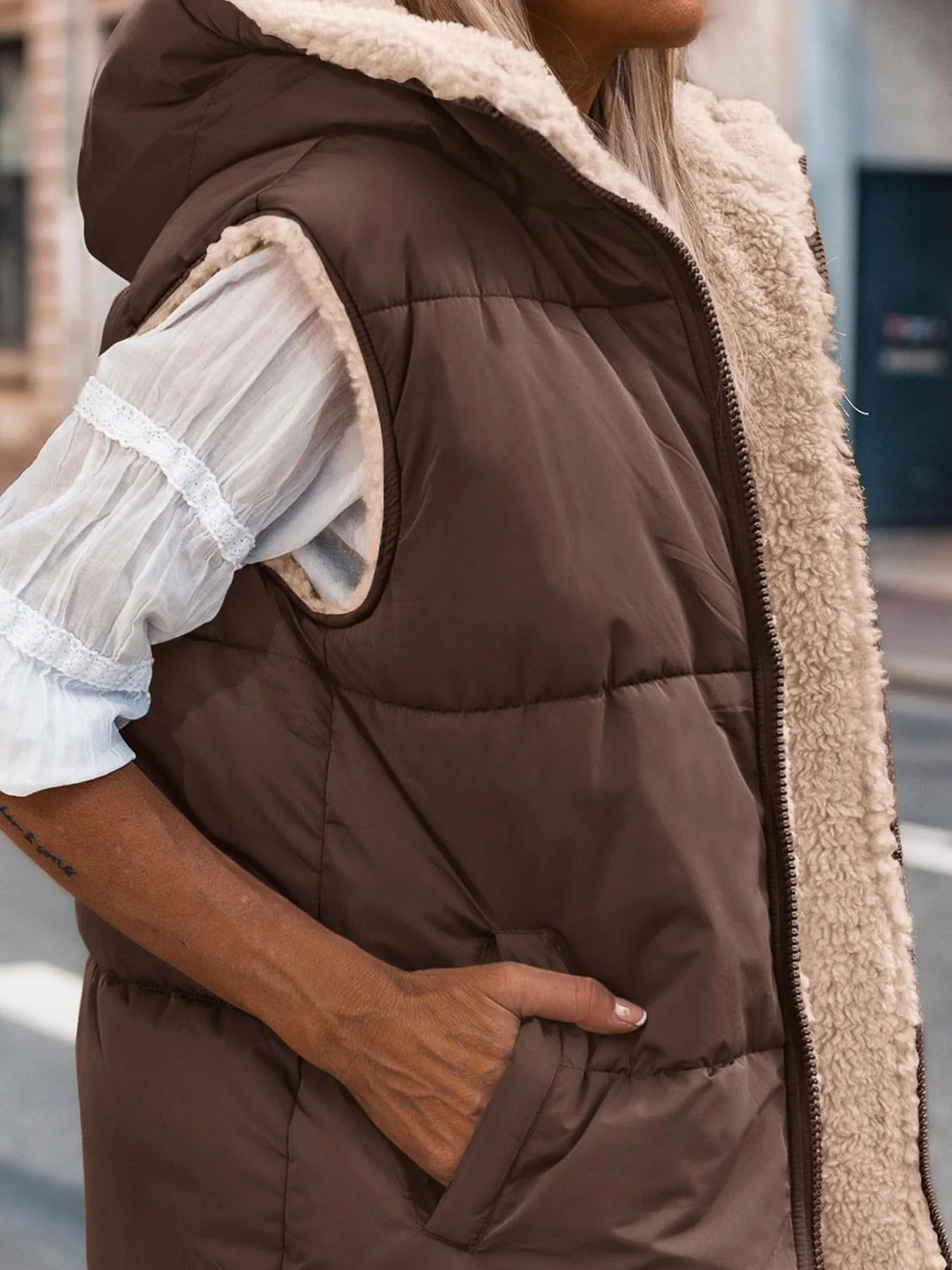 Womens Fall Reversible Vests Sleeveless Fleece Jacket Zip Up Hoodie Pockets Long Warm Winter Coat Outerwear