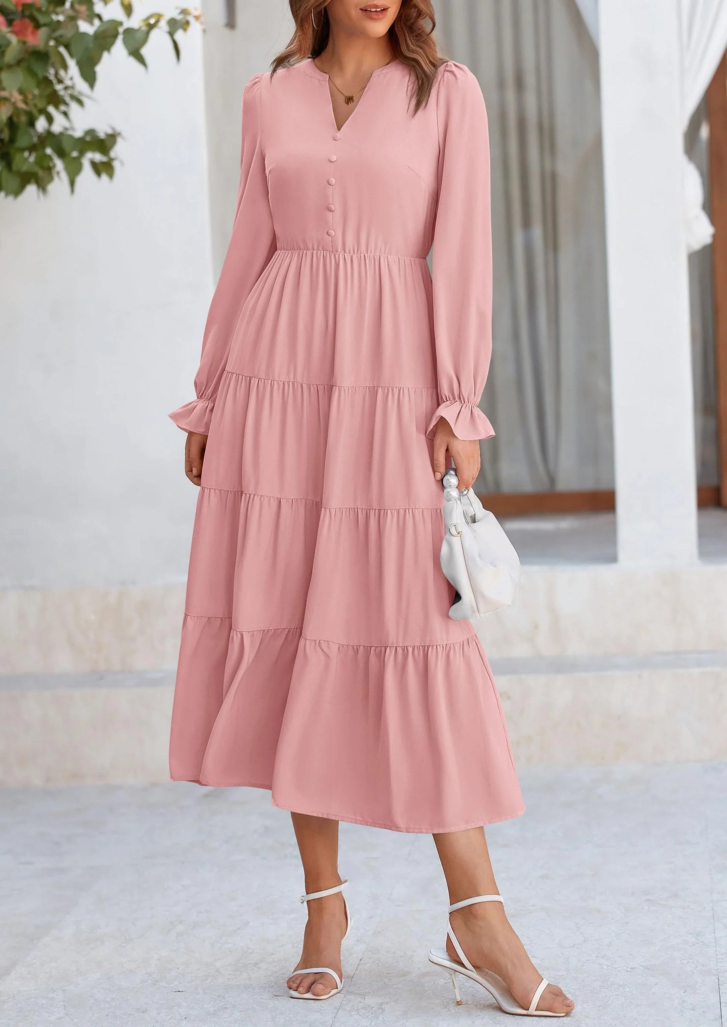 Women Fall Long Sleeve Smocked Maxi Dress Casual Square Neck Swiss Dot Tiered Ruffle Flowy Spring Pocket Dresses
